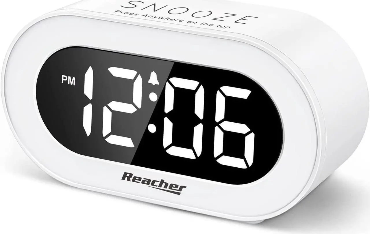 Main image of REACHER Small LED Digital Alarm Clock with Snooze, Simple to Operate, Full Range Brightness Dimmer, Adjustable Alarm Volume, Outlet Powered Compact Clock for Bedrooms, Bedside, Desk, Shelf(White)