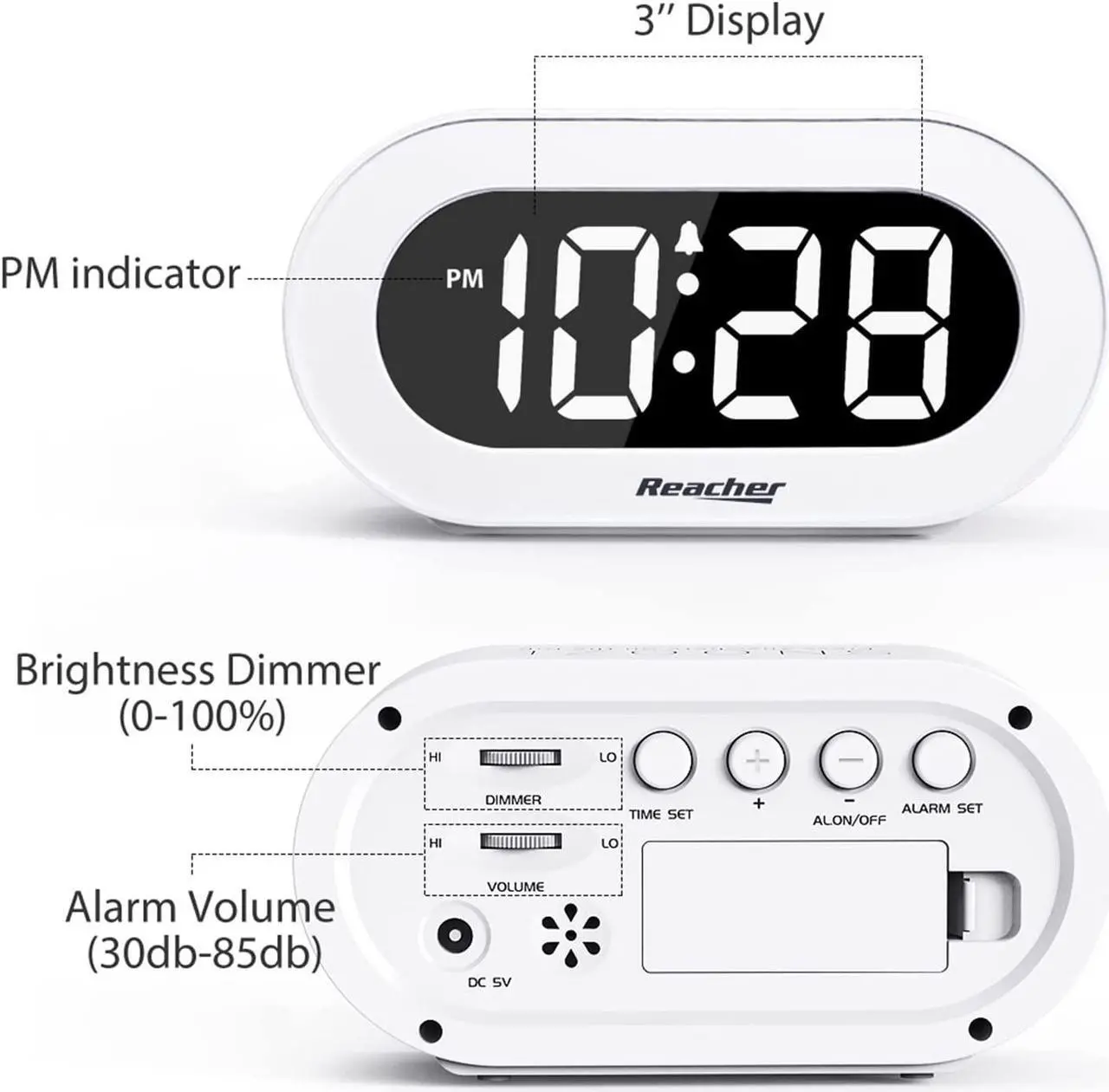 Alt view image 4 of 7 - REACHER Small LED Digital Alarm Clock with Snooze, Simple to Operate, Full Range Brightness Dimmer, Adjustable Alarm Volume, Outlet Powered Compact Clock for Bedrooms, Bedside, Desk, Shelf(White)