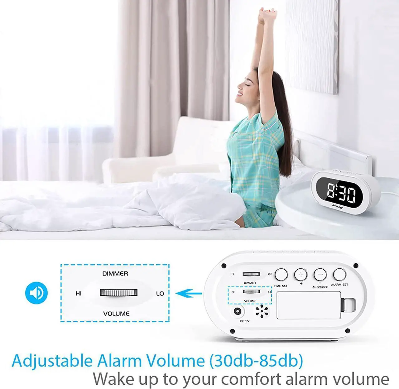 Alt view image 6 of 7 - REACHER Small LED Digital Alarm Clock with Snooze, Simple to Operate, Full Range Brightness Dimmer, Adjustable Alarm Volume, Outlet Powered Compact Clock for Bedrooms, Bedside, Desk, Shelf(White)