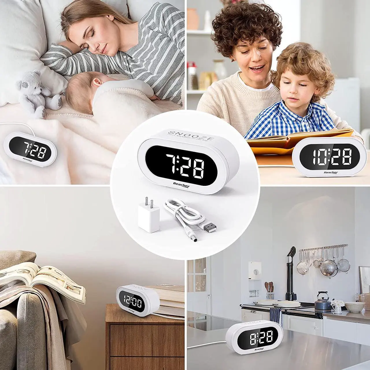 Alt view image 7 of 7 - REACHER Small LED Digital Alarm Clock with Snooze, Simple to Operate, Full Range Brightness Dimmer, Adjustable Alarm Volume, Outlet Powered Compact Clock for Bedrooms, Bedside, Desk, Shelf(White)
