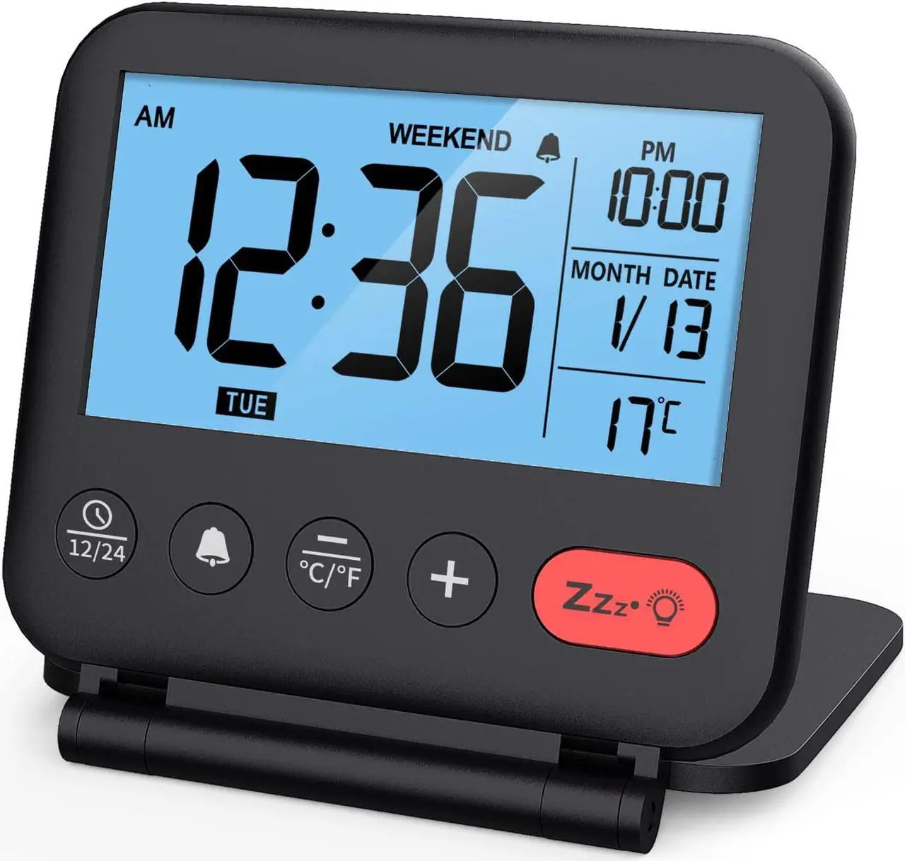 Main image of NOKLEAD Digital Travel Alarm Clock for Bedroom Office - 3.14 inch Display, 10s Backlight, 9 Mins Snooze, 12/24H, Weekend Mode, Date and Temp, Battery Include (Black)
