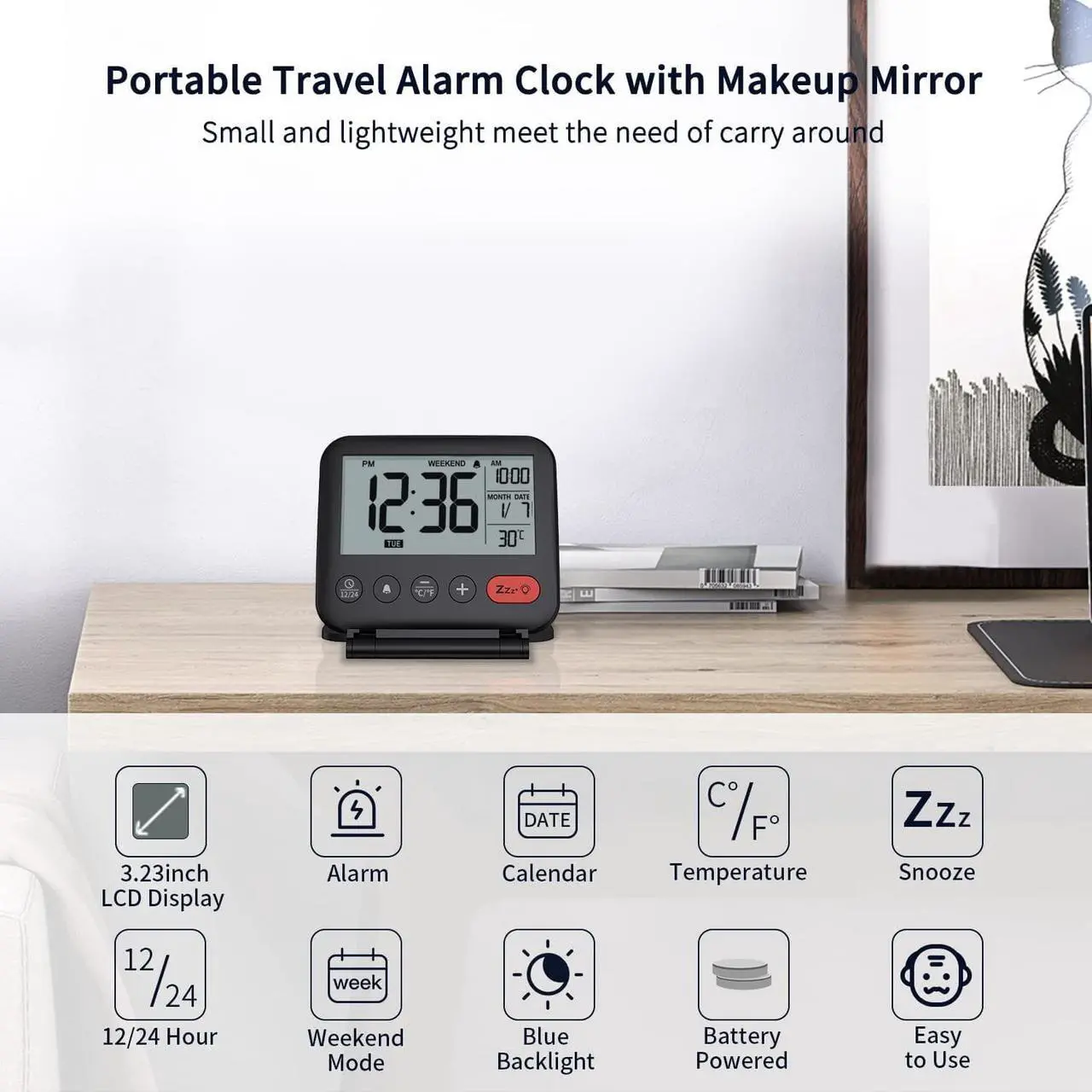 Alt view image 2 of 7 - NOKLEAD Digital Travel Alarm Clock for Bedroom Office - 3.14 inch Display, 10s Backlight, 9 Mins Snooze, 12/24H, Weekend Mode, Date and Temp, Battery Include (Black)