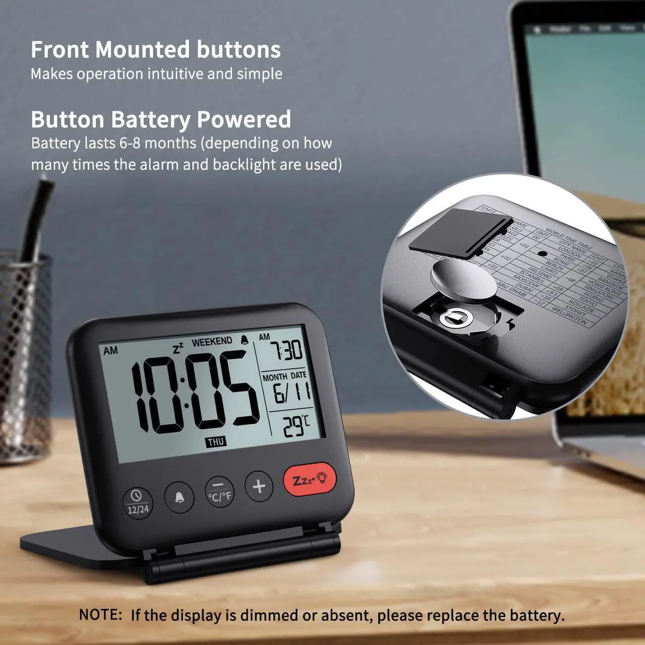Alt view image 3 of 7 - NOKLEAD Digital Travel Alarm Clock for Bedroom Office - 3.14 inch Display, 10s Backlight, 9 Mins Snooze, 12/24H, Weekend Mode, Date and Temp, Battery Include (Black)