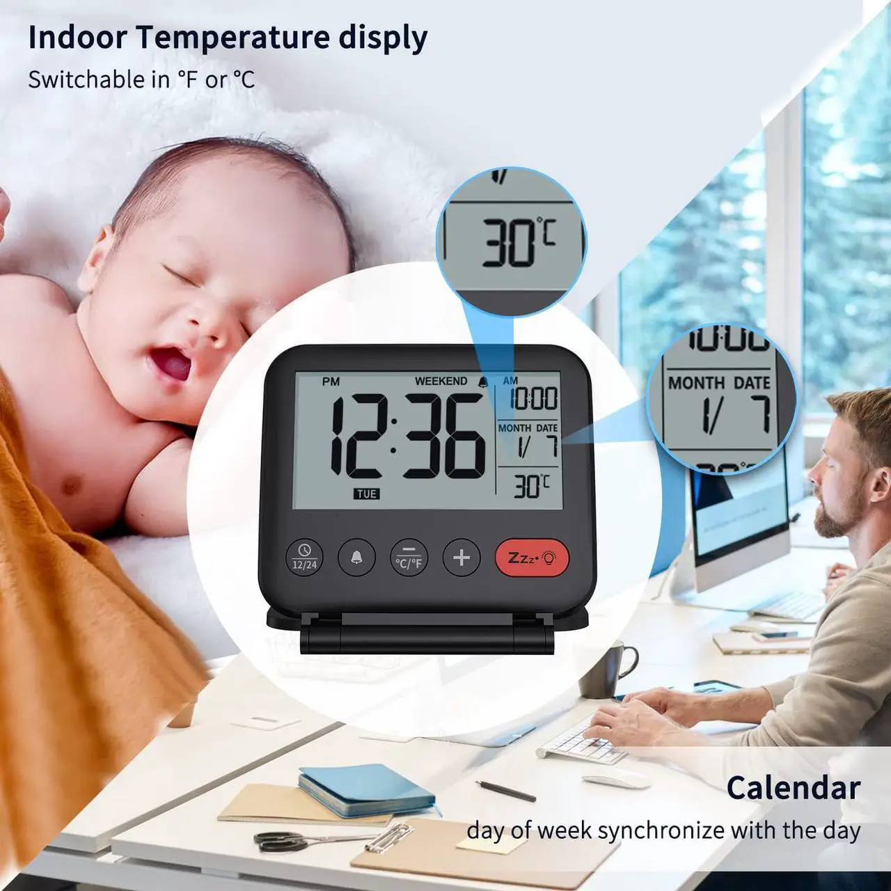 Alt view image 4 of 7 - NOKLEAD Digital Travel Alarm Clock for Bedroom Office - 3.14 inch Display, 10s Backlight, 9 Mins Snooze, 12/24H, Weekend Mode, Date and Temp, Battery Include (Black)