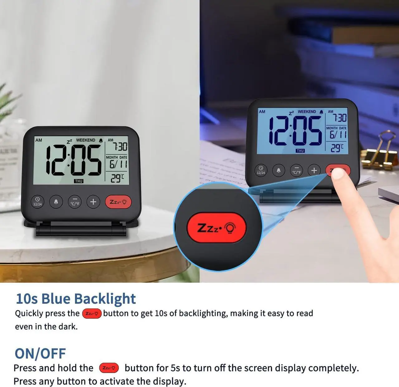 Alt view image 5 of 7 - NOKLEAD Digital Travel Alarm Clock for Bedroom Office - 3.14 inch Display, 10s Backlight, 9 Mins Snooze, 12/24H, Weekend Mode, Date and Temp, Battery Include (Black)