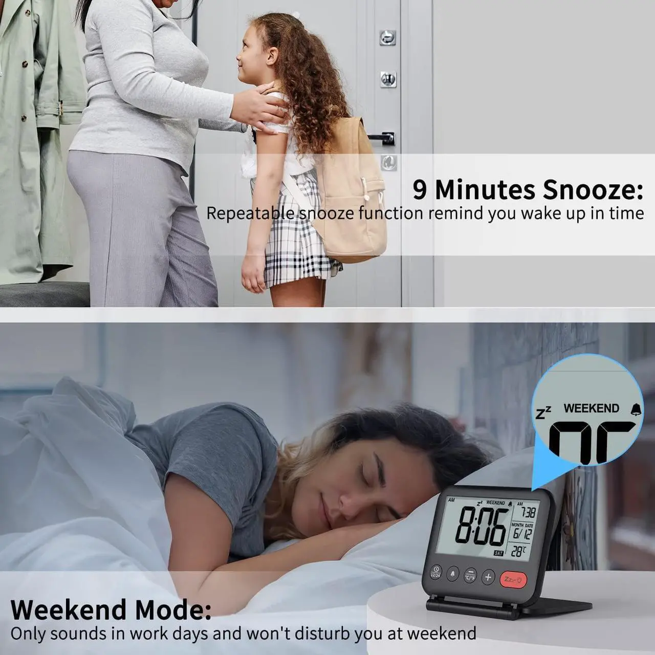 Alt view image 6 of 7 - NOKLEAD Digital Travel Alarm Clock for Bedroom Office - 3.14 inch Display, 10s Backlight, 9 Mins Snooze, 12/24H, Weekend Mode, Date and Temp, Battery Include (Black)