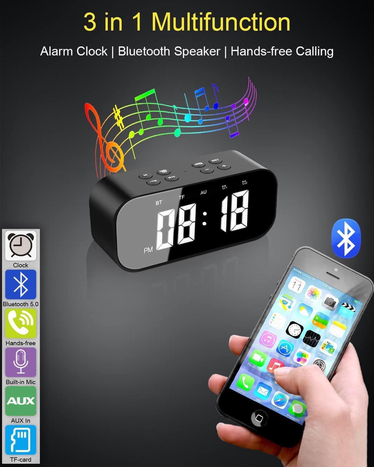 Alt view image 2 of 6 - Alarm Clock for Bedroom/Office,Digital Clock with Bluetooth Speaker,Small Alarm Clock for Heavy Sleepers Adults/Teens with Dual Alarms,Mirror LED Display,Hands-Free Calling.(12H Format)