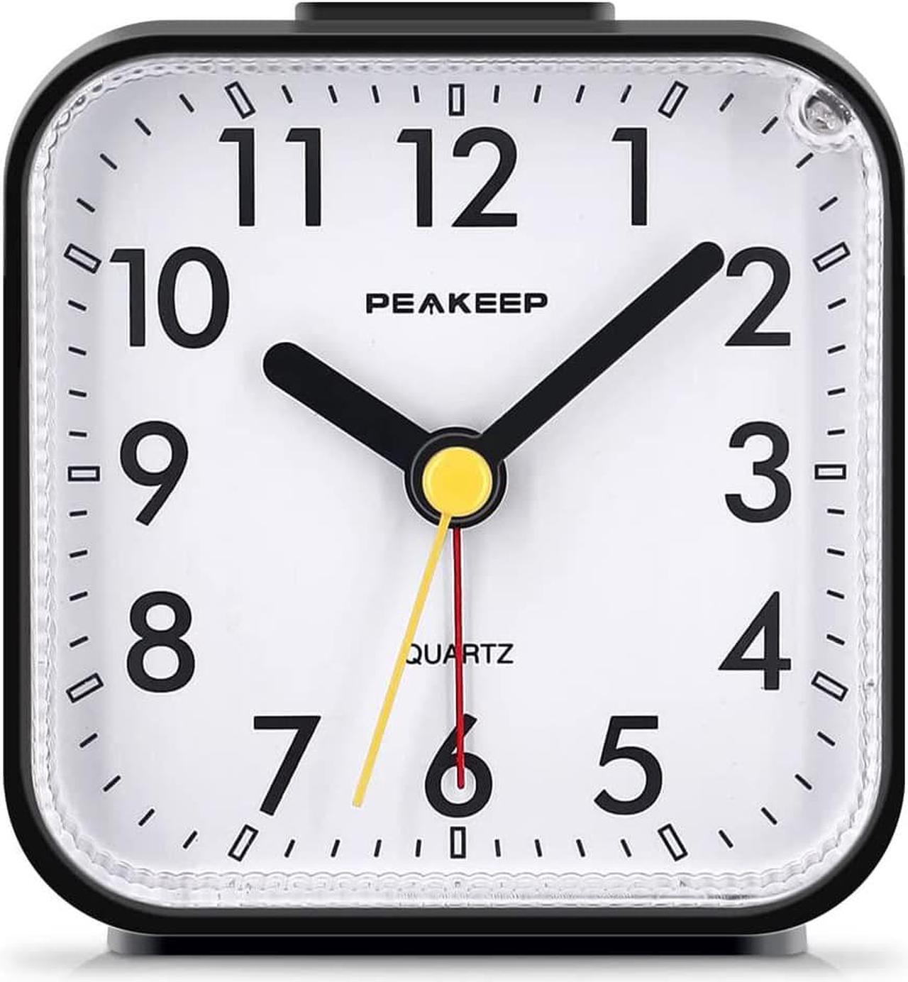 Main image of Peakeep Small Battery Operated Analog Travel Alarm Clock Silent No Ticking, Lighted on Demand and Snooze, Beep Sounds, Gentle Wake, Ascending Alarm, Easy Set (Black)