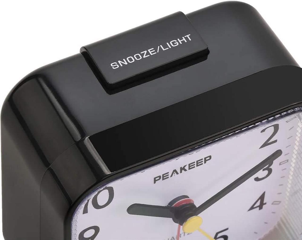 Alt view image 3 of 7 - Peakeep Small Battery Operated Analog Travel Alarm Clock Silent No Ticking, Lighted on Demand and Snooze, Beep Sounds, Gentle Wake, Ascending Alarm, Easy Set (Black)