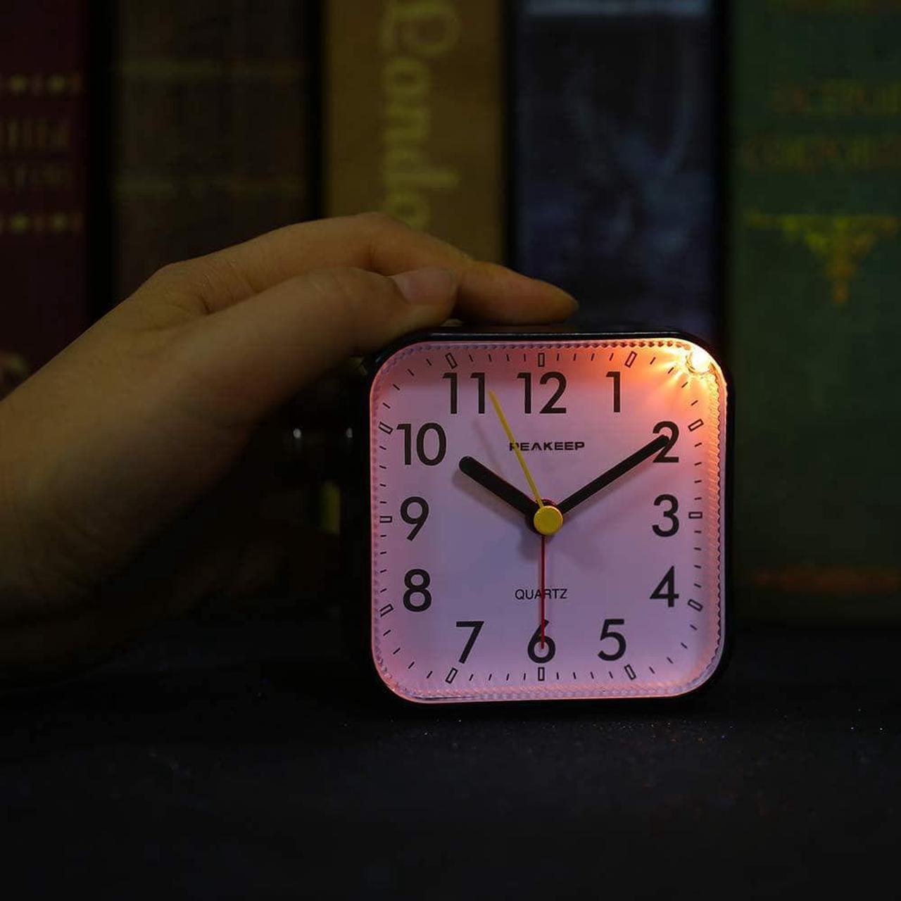 Alt view image 5 of 7 - Peakeep Small Battery Operated Analog Travel Alarm Clock Silent No Ticking, Lighted on Demand and Snooze, Beep Sounds, Gentle Wake, Ascending Alarm, Easy Set (Black)