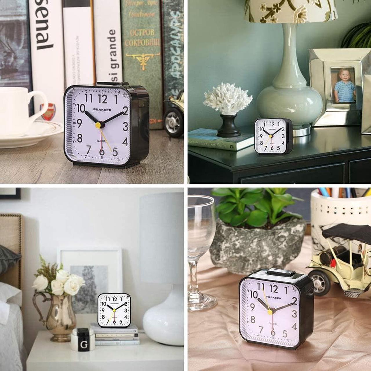Alt view image 6 of 7 - Peakeep Small Battery Operated Analog Travel Alarm Clock Silent No Ticking, Lighted on Demand and Snooze, Beep Sounds, Gentle Wake, Ascending Alarm, Easy Set (Black)