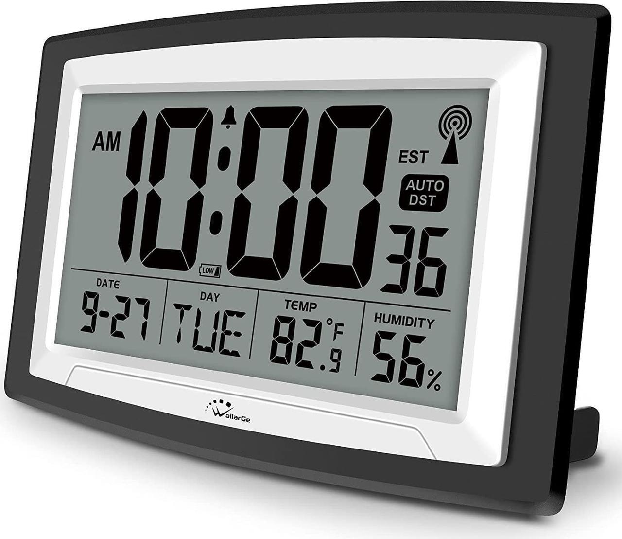 Main image of WallarGe Atomic Clock with Indoor Temperature and Humidity, 12.5 Inch Self-Setting Digital Wall Clock or Desk Clock, Battery Operated Digital Clock Large Display for Seniors, Auto DST