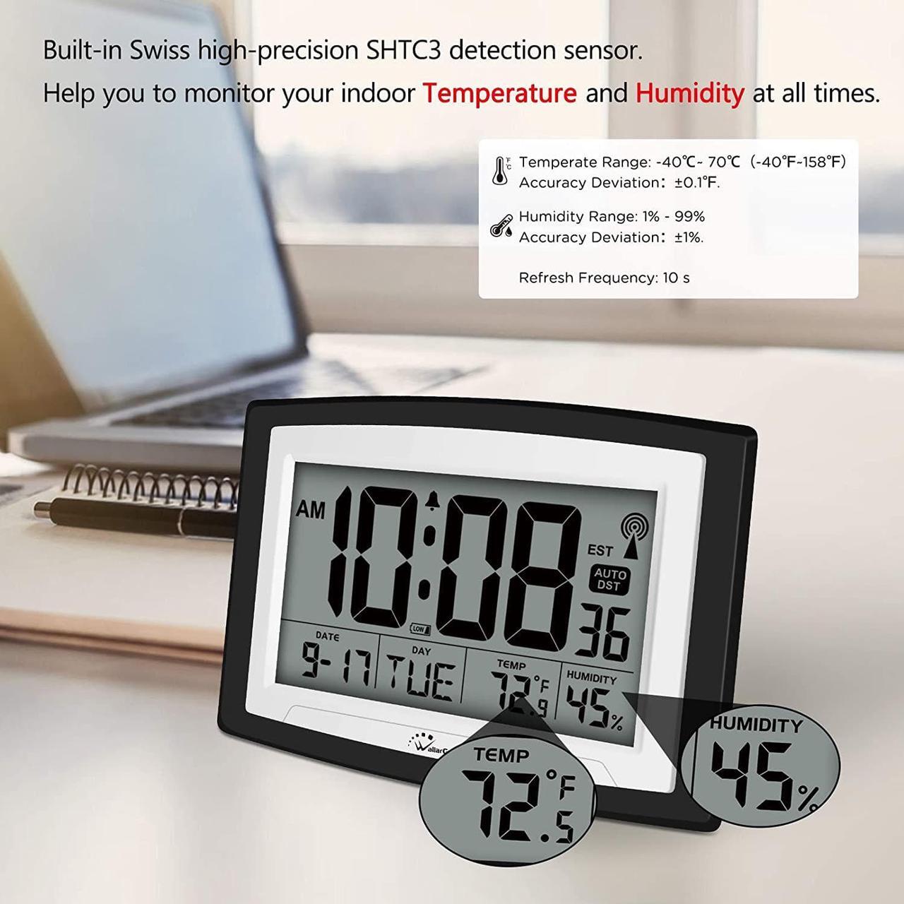 Alt view image 4 of 6 - WallarGe Atomic Clock with Indoor Temperature and Humidity, 12.5 Inch Self-Setting Digital Wall Clock or Desk Clock, Battery Operated Digital Clock Large Display for Seniors, Auto DST