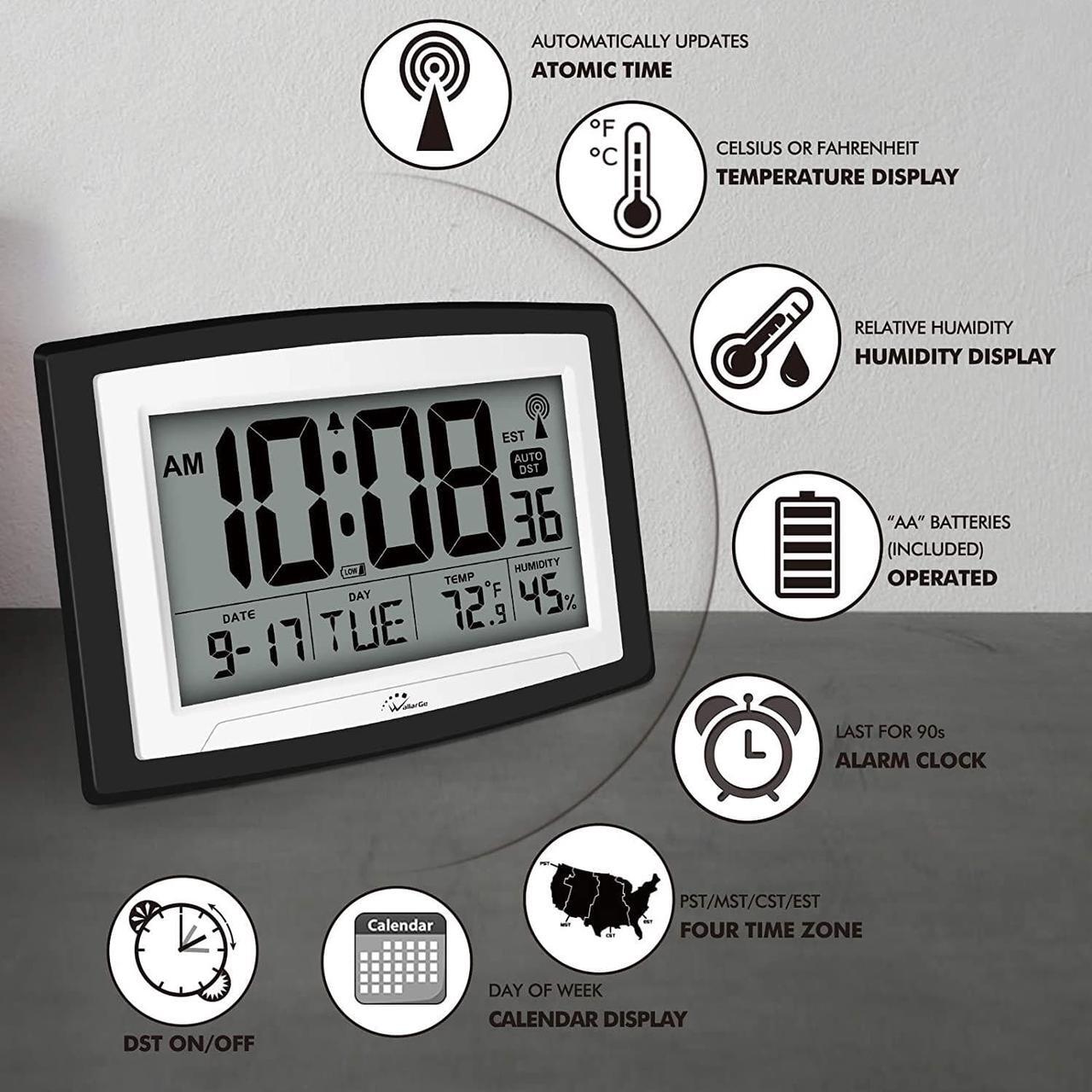 Alt view image 6 of 6 - WallarGe Atomic Clock with Indoor Temperature and Humidity, 12.5 Inch Self-Setting Digital Wall Clock or Desk Clock, Battery Operated Digital Clock Large Display for Seniors, Auto DST