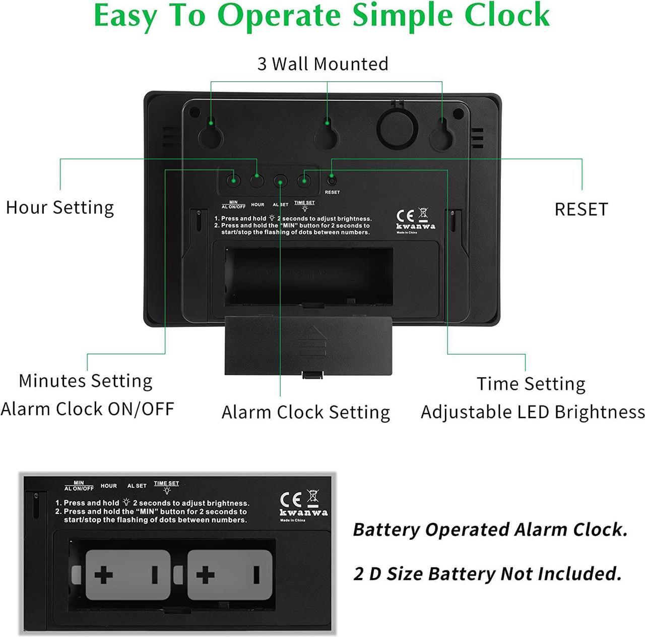 Alt view image 3 of 7 - KWANWA Alarm Clock, Wall Clock, Digital Clock, 3" LED Digit Display, Battery Operated, Adjustable Brightness, Auto Night Mode, Auto Alarm Volume Increasing, Wall-Mount & Table-top
