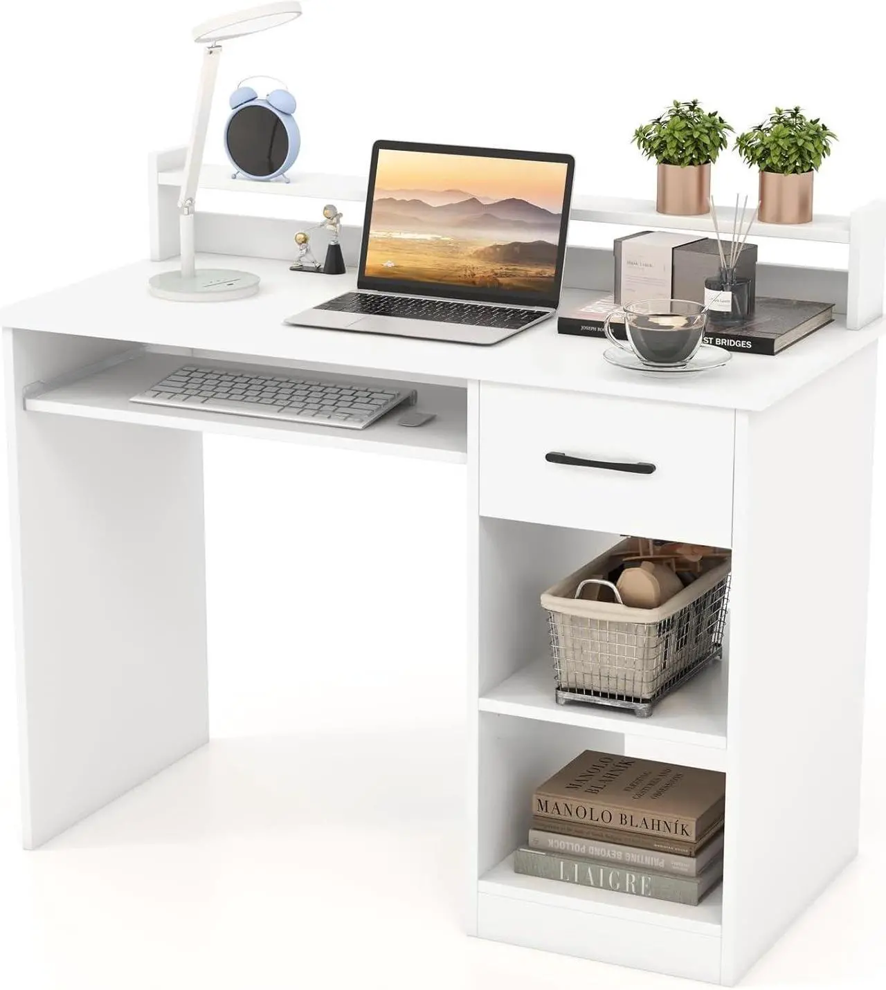 Main image of Computer Desk, Office Desk with Drawers, Hutch, Keyboard Tray & Adjustable Shelf, Small Desk with Storage, Modern Home Office Desks, White Desk for Bedroom, Living Room, Study (White)