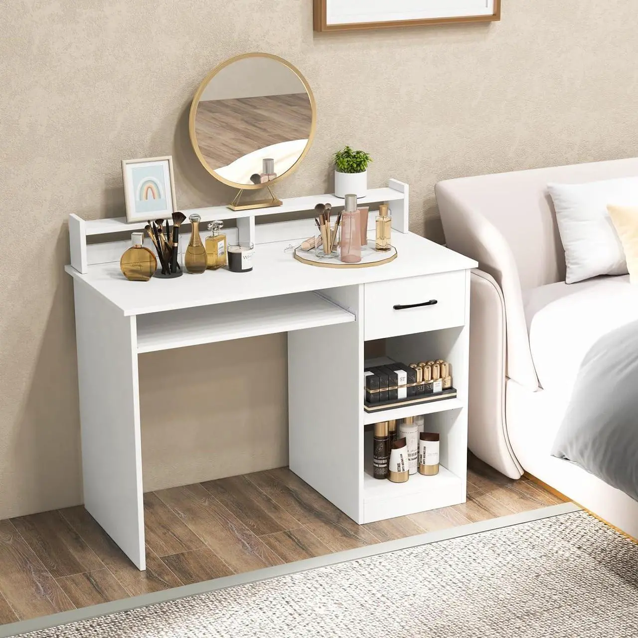 Alt view image 4 of 7 - Computer Desk, Office Desk with Drawers, Hutch, Keyboard Tray & Adjustable Shelf, Small Desk with Storage, Modern Home Office Desks, White Desk for Bedroom, Living Room, Study (White)
