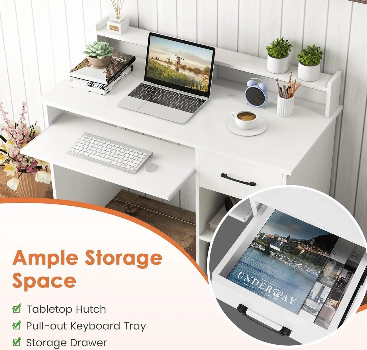 Alt view image 5 of 7 - Computer Desk, Office Desk with Drawers, Hutch, Keyboard Tray & Adjustable Shelf, Small Desk with Storage, Modern Home Office Desks, White Desk for Bedroom, Living Room, Study (White)