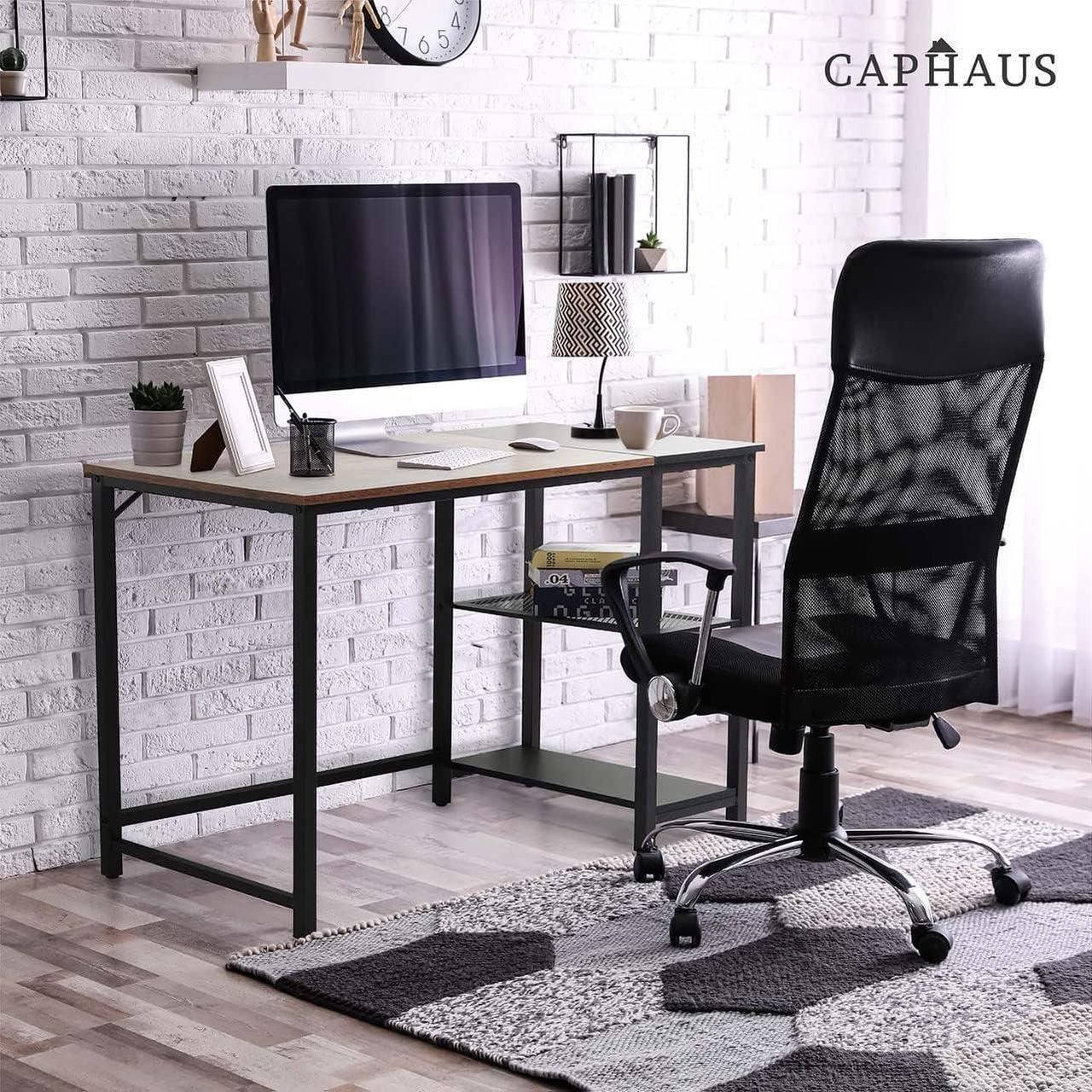 Alt view image 2 of 7 - CAPHAUS Computer Desk, 47 Inch Home Office Desk, Study Writing Desk with 2-Tier Storage Shelves, Simple Industrial Modern Laptop Workstation with Splice P2 Grade Wooden Board, Rustic Oak and Black