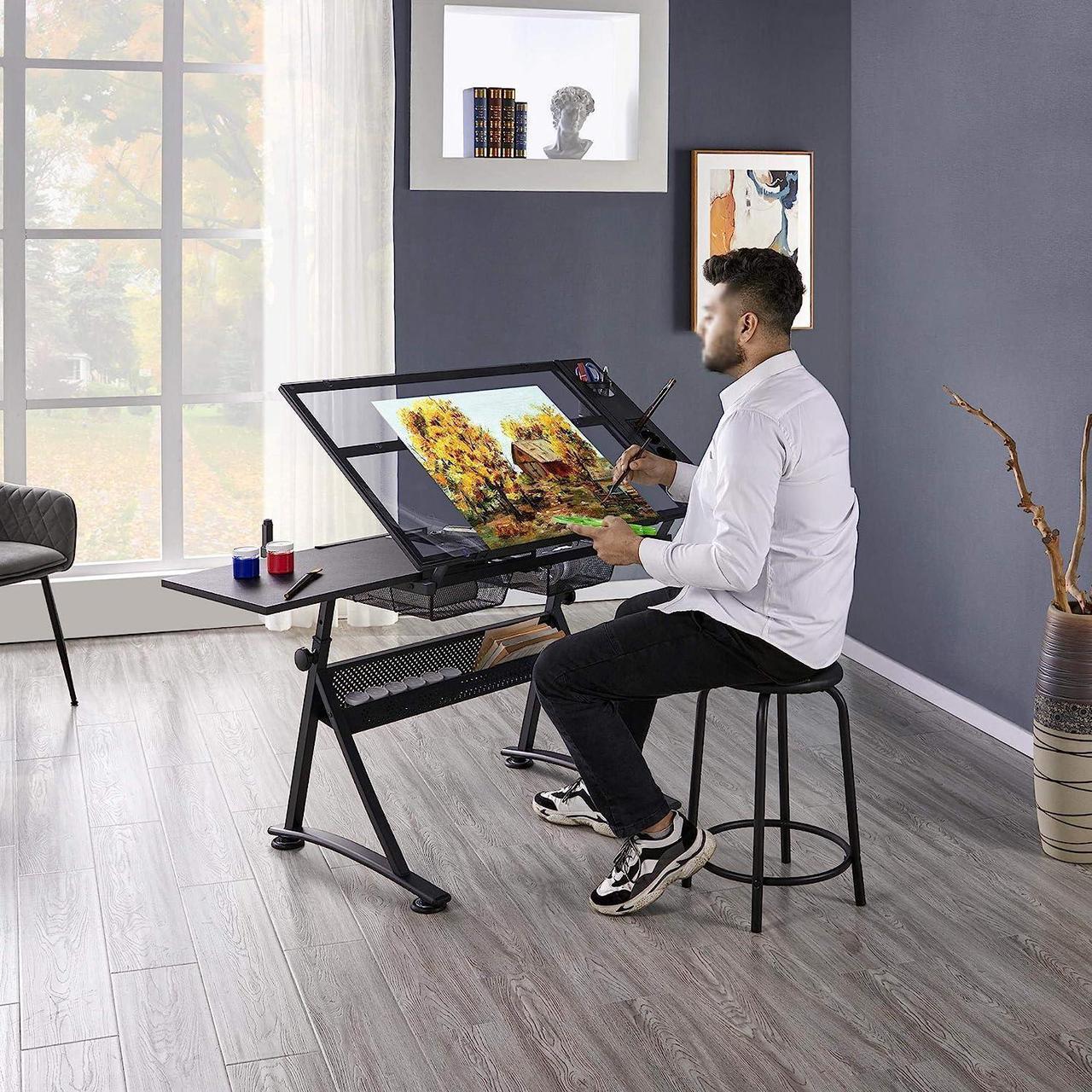 Alt view image 2 of 7 - Yaheetech Drafting Table w/Stool Height Adjustable Multifunctional Art Craft Artists Desk Tilting Glass Tabletop Diamond Paintings Work Station w/2 Storage Drawers for Home Office