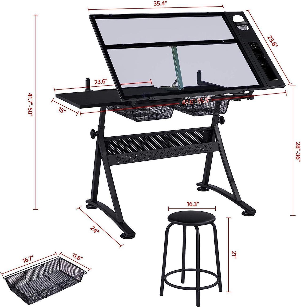 Alt view image 3 of 7 - Yaheetech Drafting Table w/Stool Height Adjustable Multifunctional Art Craft Artists Desk Tilting Glass Tabletop Diamond Paintings Work Station w/2 Storage Drawers for Home Office