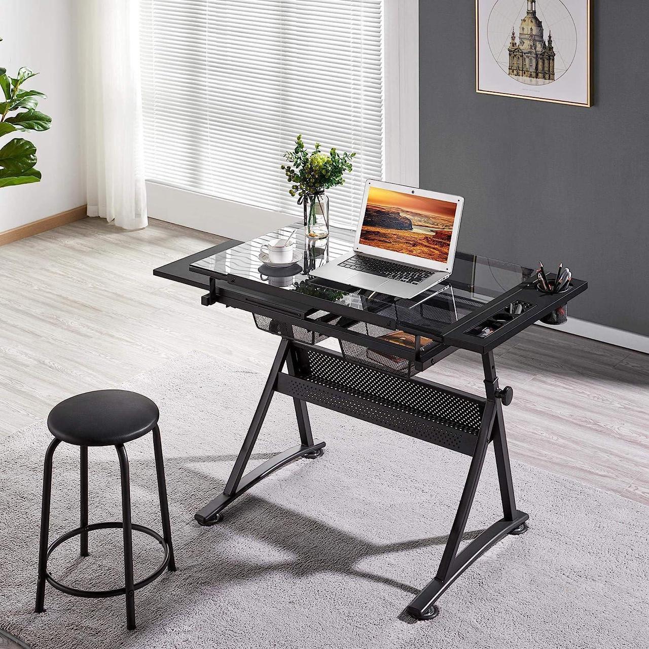 Alt view image 5 of 7 - Yaheetech Drafting Table w/Stool Height Adjustable Multifunctional Art Craft Artists Desk Tilting Glass Tabletop Diamond Paintings Work Station w/2 Storage Drawers for Home Office