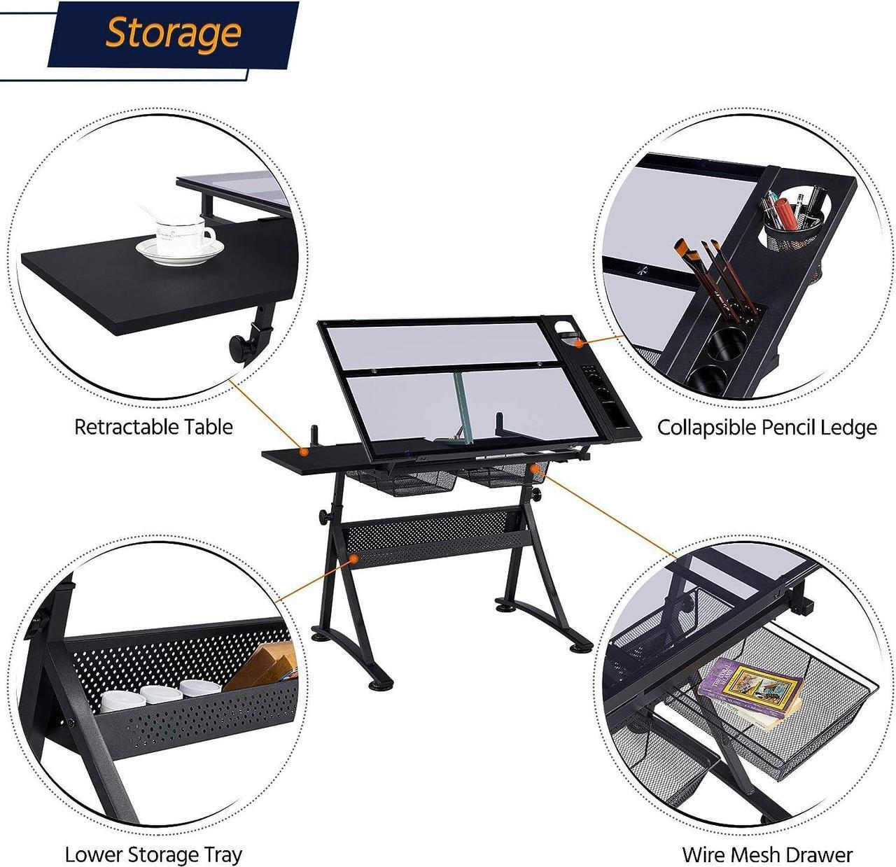 Alt view image 6 of 7 - Yaheetech Drafting Table w/Stool Height Adjustable Multifunctional Art Craft Artists Desk Tilting Glass Tabletop Diamond Paintings Work Station w/2 Storage Drawers for Home Office
