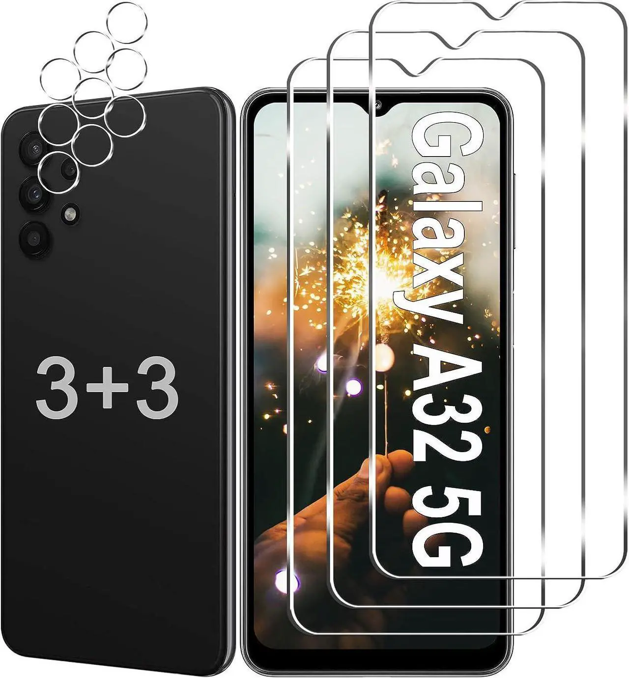 Main image of [3+3 Pack] Galaxy A32 5G Screen Protector + Camera Lens Protector, 9H Hardness Tempered Glass, Scratch Resistant, HD Clear, Easy Installation, Bubble Free, Screen Protector for Samsung Galaxy A32 5G