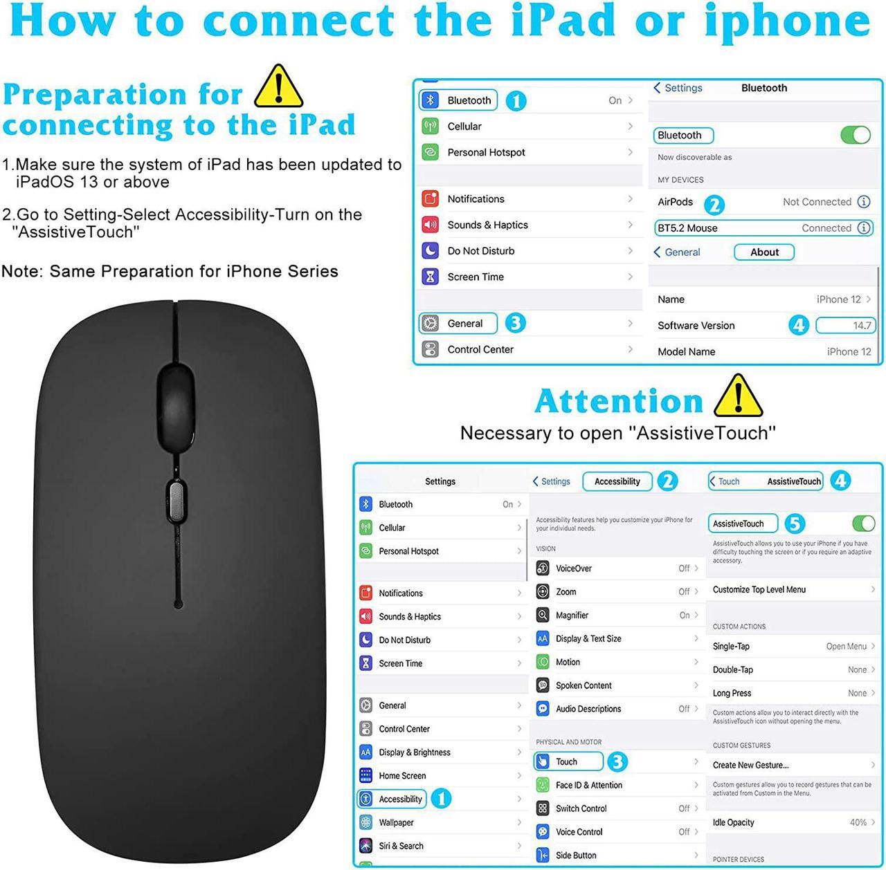Alt view image 2 of 7 - 2.4GHz & Bluetooth Mouse, Rechargeable Wireless Mouse for Samsung Galaxy Tab S7 FE Bluetooth Wireless Mouse for Laptop / PC / Mac / iPad pro / Computer / Tablet / Android Onyx Black