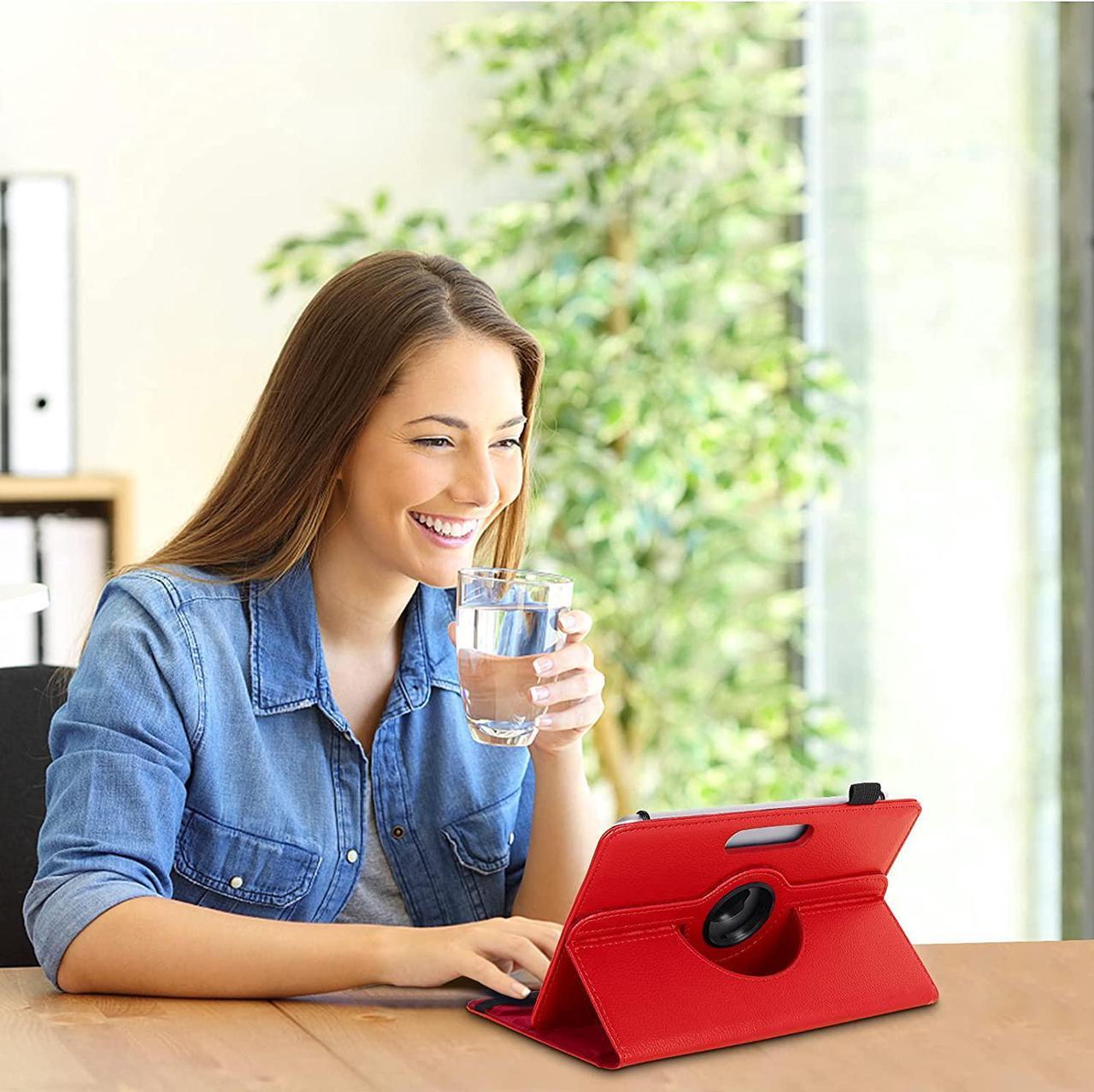 Alt view image 7 of 7 - UrbanX 7"-8" Inch Universal Tablet Case, Protective Cover Stand Folio Case for TCL 10 TabMid 7 8 Inch, with 360 Degree Rotatable Kickstand, Multiple Viewing Angles and Stylus Holder - Red