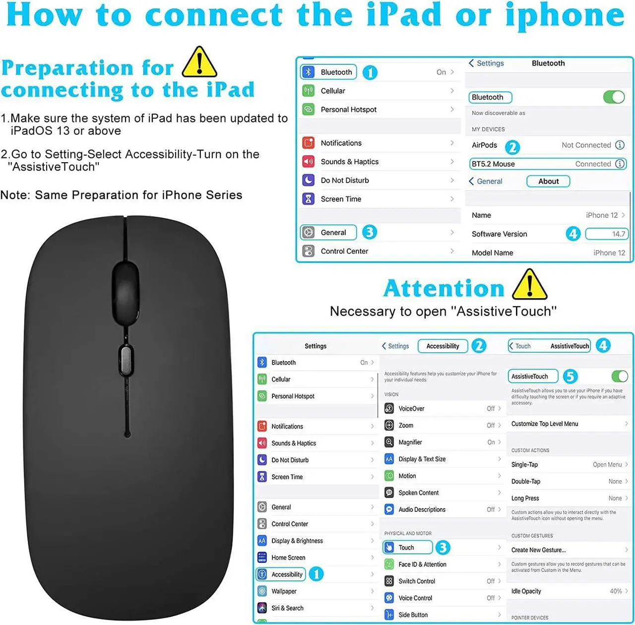 Alt view image 2 of 7 - 2.4GHz & Bluetooth Mouse, Rechargeable Wireless Mouse for HTC Wildfire E3 Bluetooth Wireless Mouse for Laptop / PC / Mac / iPad pro / Computer / Tablet / Android - Onyx Black