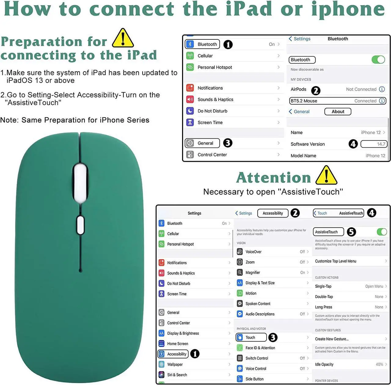 Alt view image 2 of 4 - Bluetooth Rechargeable Mouse for Dell Inspiron 15 3000 3505 Laptop Bluetooth Wireless Mouse Designed for Laptop / PC / Mac / iPad pro / Computer / Tablet / Android - Green