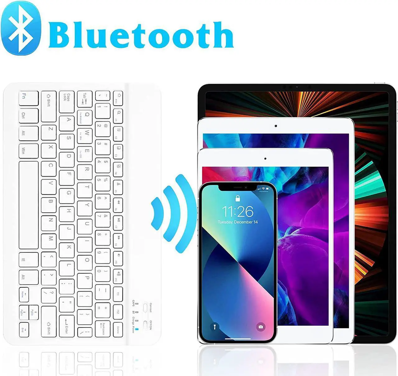 Alt view image 6 of 7 - Ultra-Slim Bluetooth Keyboard Compatible with Samsung Galaxy S22 Ultra 5G and Other Bluetooth Enabled Devices Including All iPads, iPhones, Android Tablets, Smartphones, Windows pc -  White