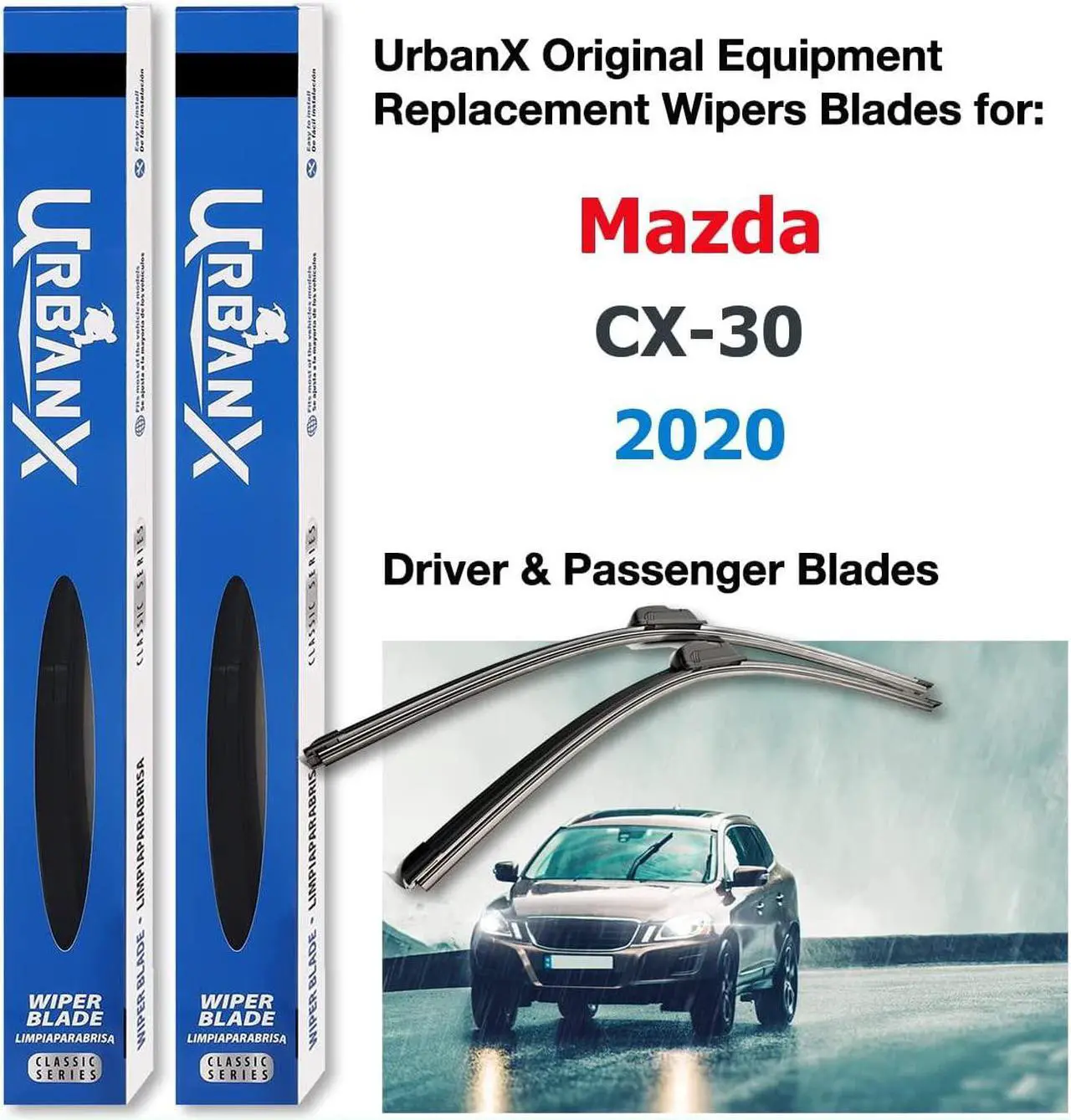 Alt view image 2 of 7 - UrbanX 2-IN-1 All Seasons Water Repellency Original Equipment Replacement Wiper Blades For 2020 Mazda CX-30 26" And 16" Driver & Passenger Sides (Pack of 2)
