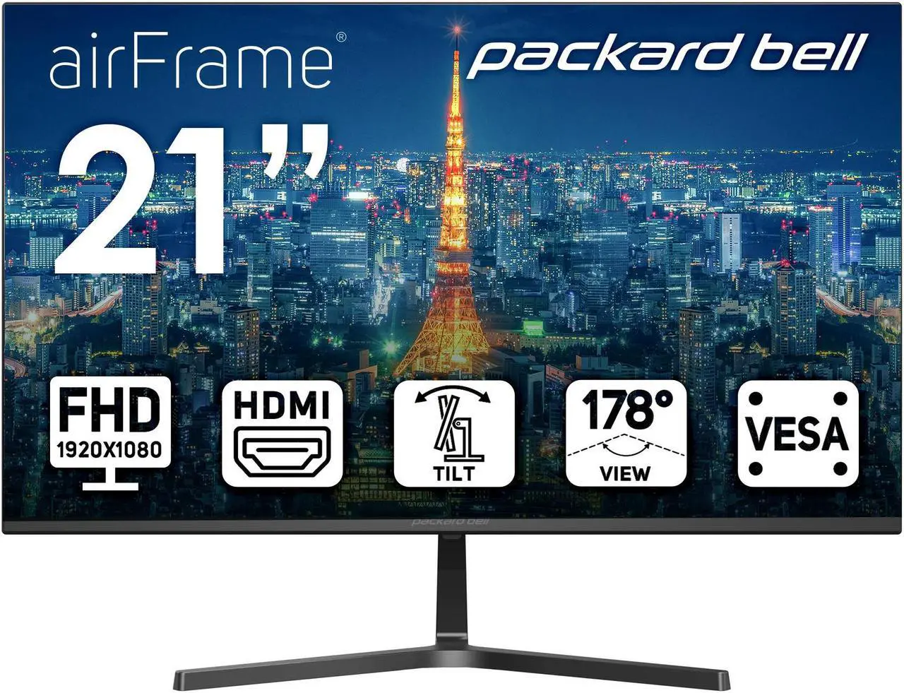 Main image of Packard Bell airFrame 21" FHD Monitor, 1920x1080, Ultrawide, VESA Mount Compatible, Tilt Adjustment, HDMI/VGA, Slim Bezel, for Home, Office, and Light Gaming