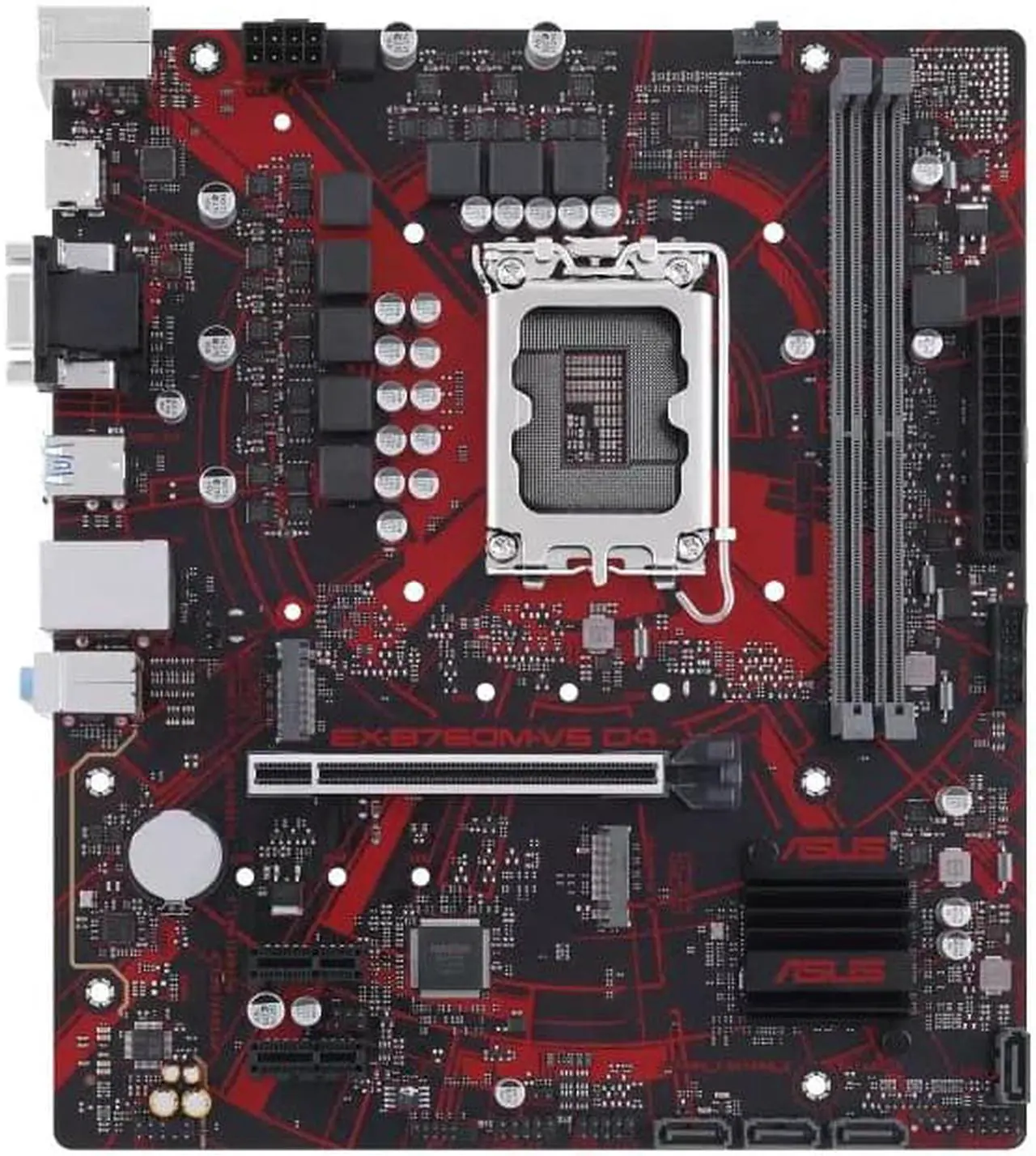 Main image of ASUS EX-B760M-V5 D4, Intel® B760 LGA 1700 mATX motherboard with PCIe® 4.0, 8 power stages, Realtek 2.5 Gb Ethernet, HDMI®, USB 3.2 Gen 1, Glow-in-the-dark moisture-resistant coating and Lightning Boot