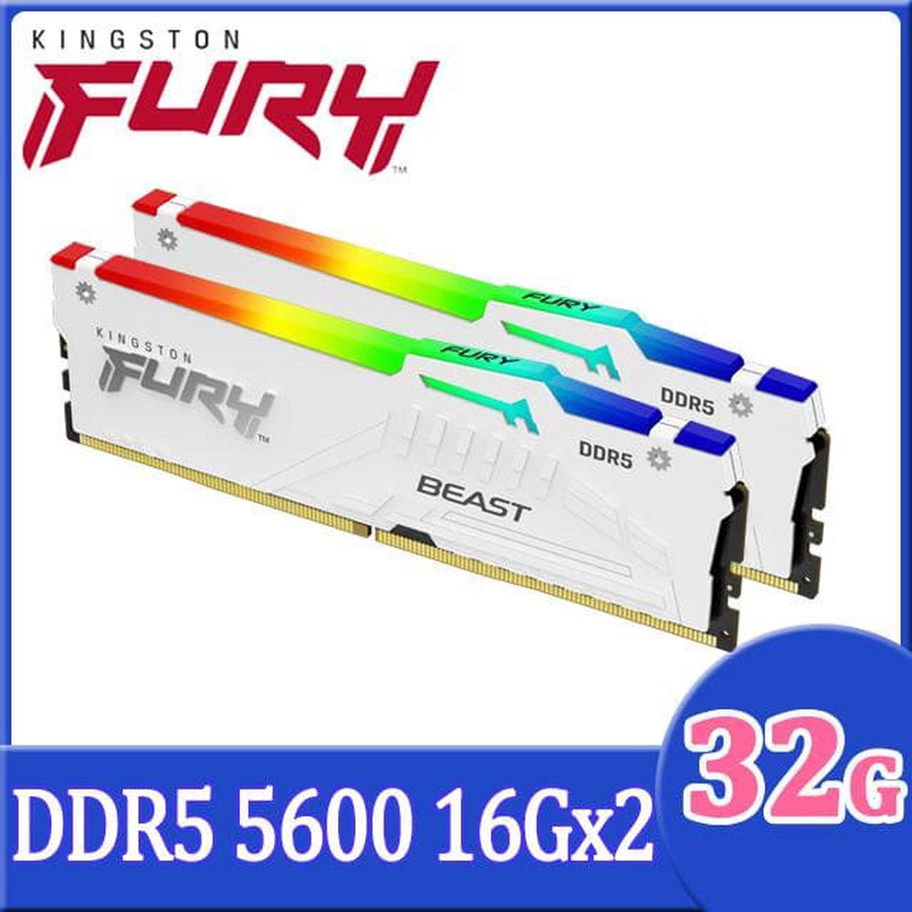 Kingston FURY Beast DDR5 5600 32GB(16GBx2) RGB Desktop Overclocking Memory-White(KF556C40BWAK2-32)