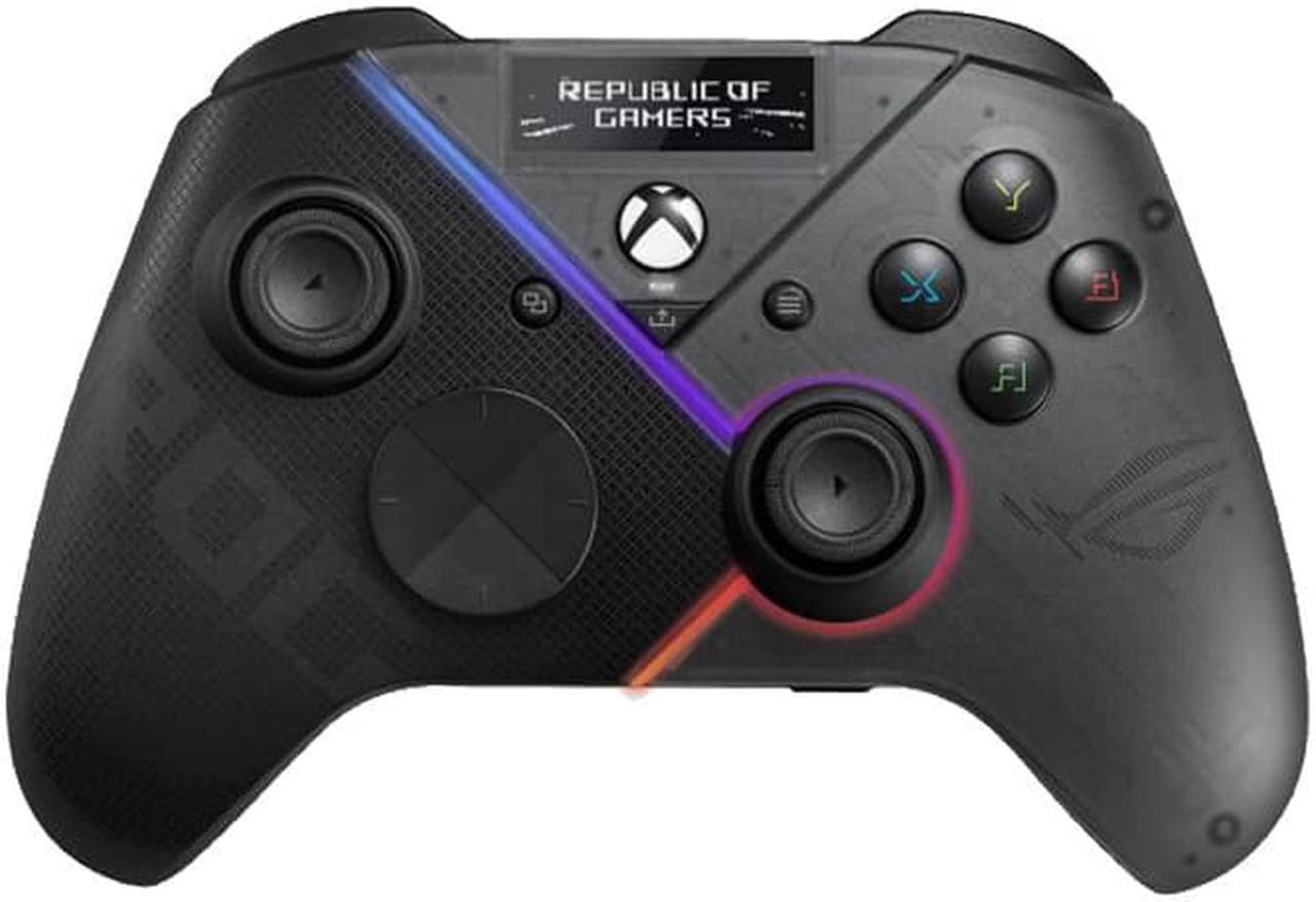 ASUS ROG Raikiri Pro PC game controller with built-in OLED display, tri-mode connectivity, four rear buttons, selectable step triggers, ESS DAC, and adjustable joystick sensitivity and response curve