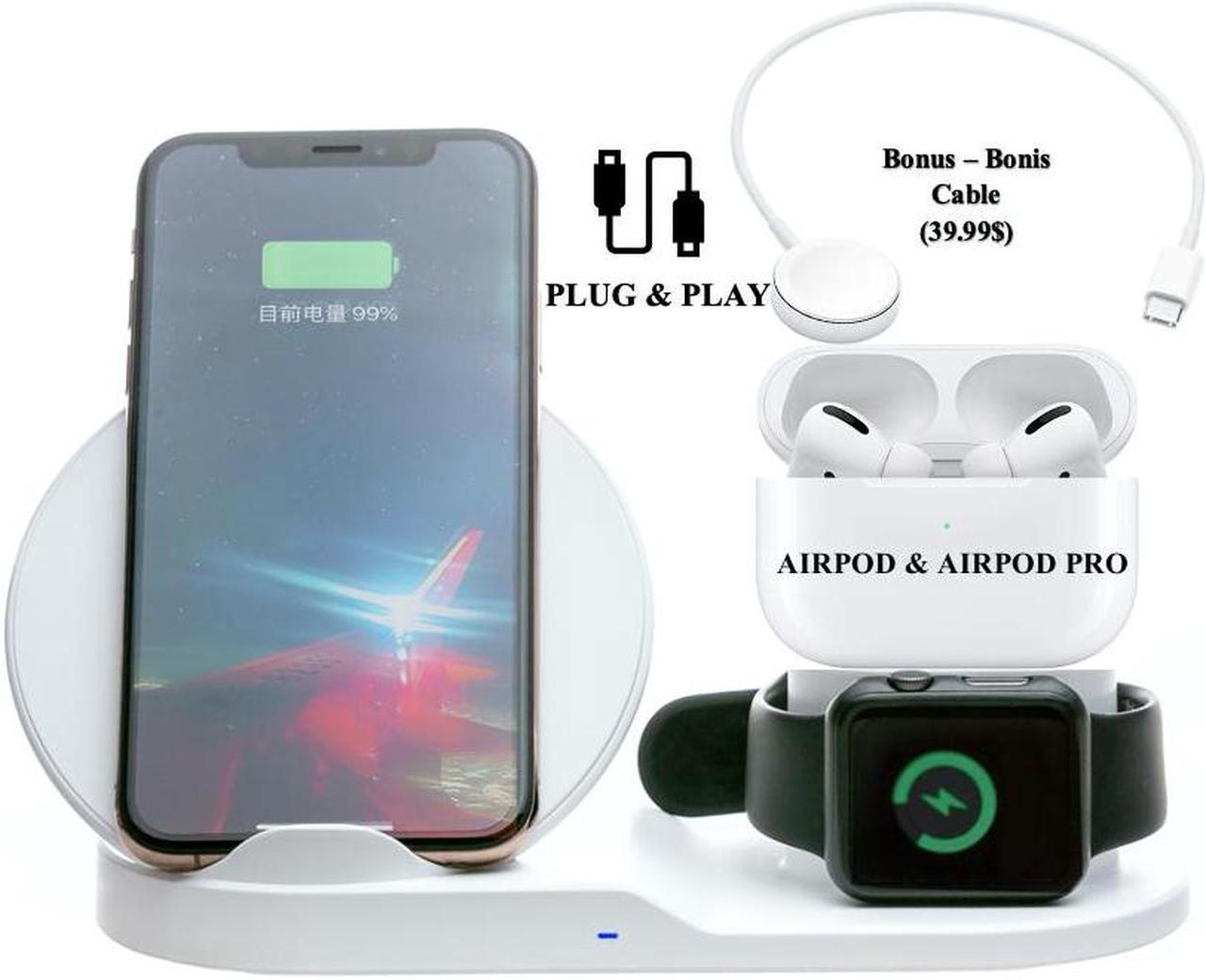 Stimula Lifestyle 3 in 1 Wireless Smartphone, Ultra Fast Compatible with Apple Watch Airpods & Airpods Pro, iPhone 11 12 13 Samsung Charger Stand 10W - Black White