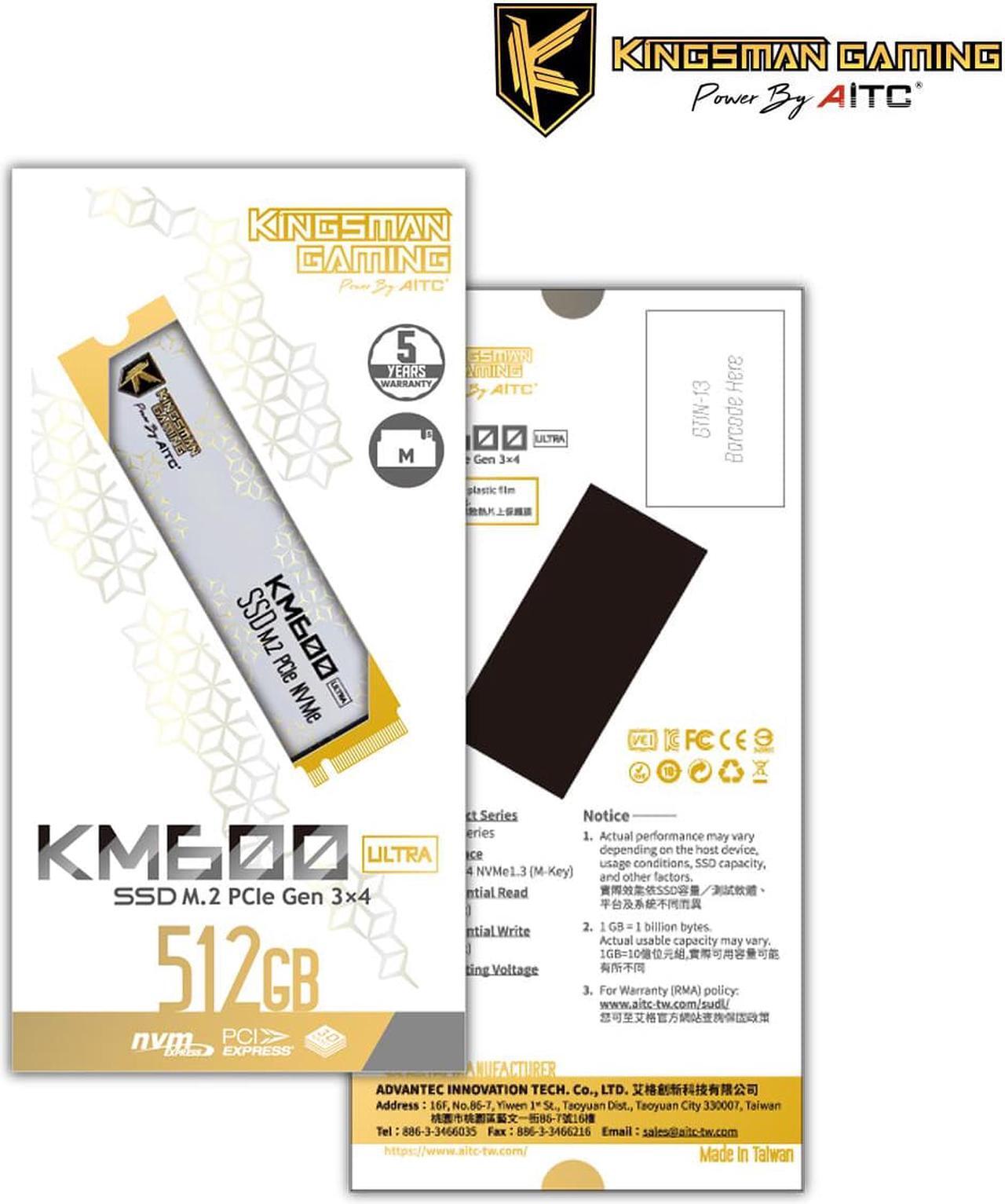 Alt view image 5 of 5 - AITC KINGSMAN KM600 ULTRA M.2 2280 512GB PCIe 3.0 x4 with NVMe 1.4 3D NAND Internal Solid State Drive (SSD)
