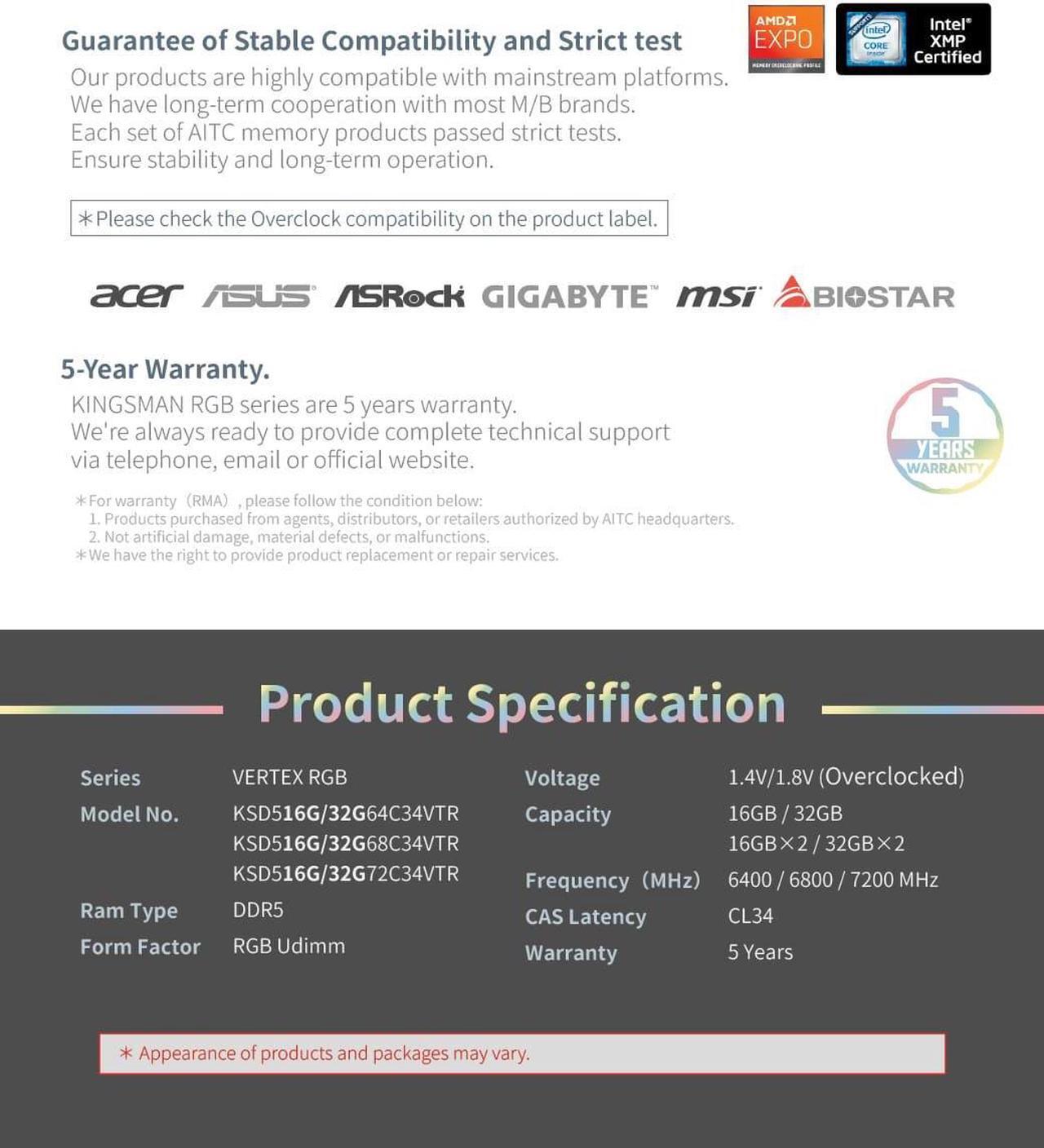 Alt view image 5 of 6 - AITC KINGSMAN VERTEX RGB Series DDR5 32GB (2 x 16GB) 288-Pin PC RAM 7200 (PC5 57600) Desktop Memory Model XMP-BLACK