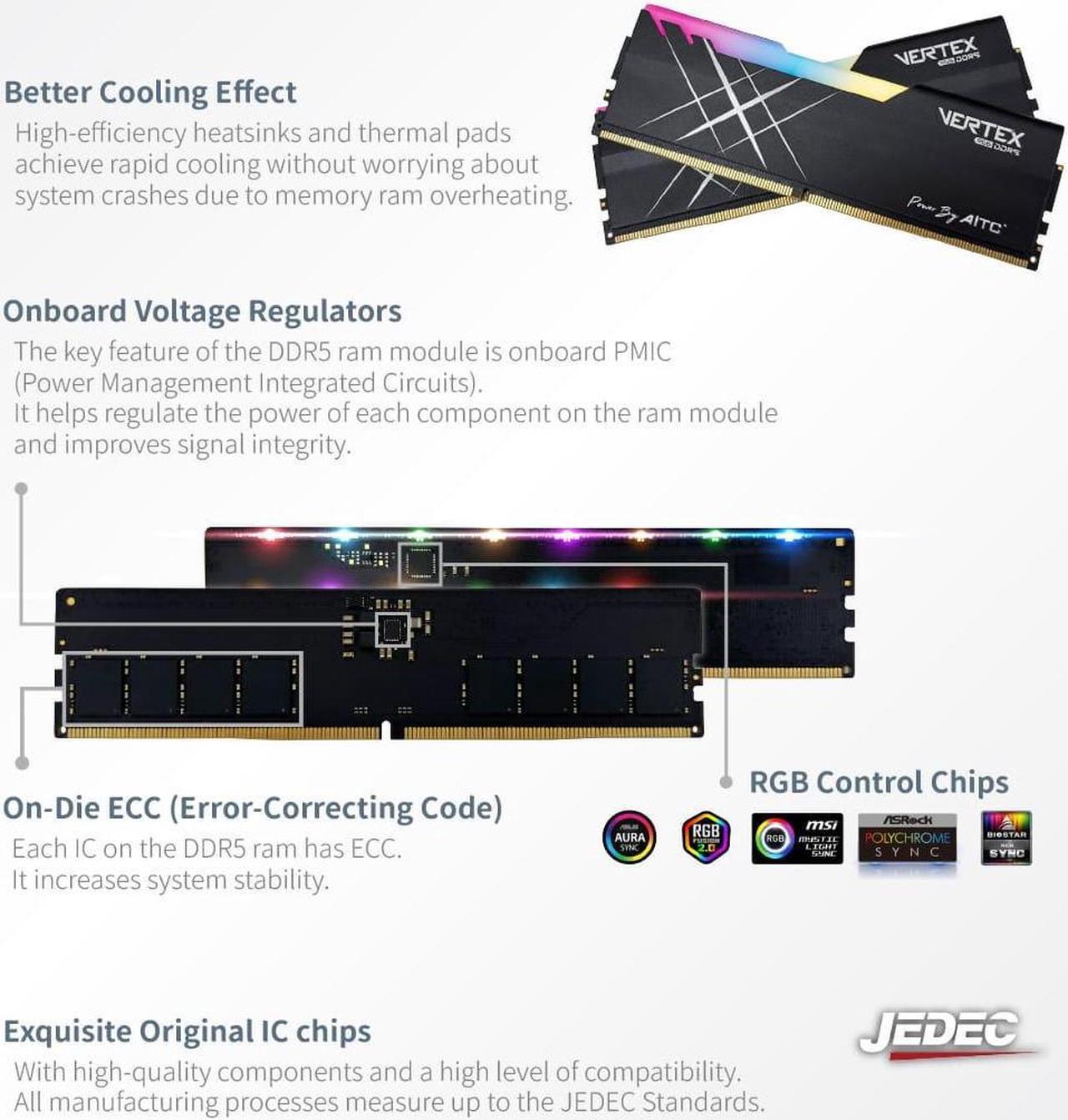 Alt view image 4 of 6 - AITC KINGSMAN VERTEX RGB Series DDR5 32GB (2 x 16GB) 288-Pin PC RAM 7200 (PC5 57600) Desktop Memory Model XMP-BLACK