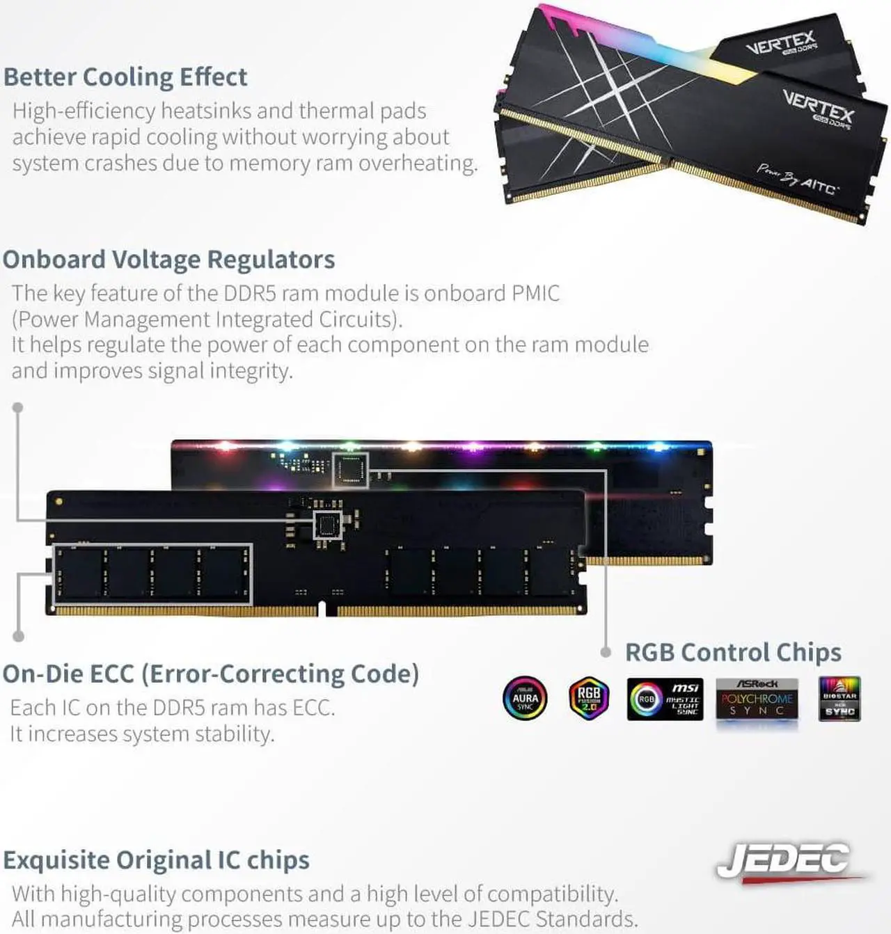 Alt view image 4 of 5 - AITC KINGSMAN VERTEX RGB Series DDR5 32GB (2 x 16GB) 288-Pin PC RAM 6000 (PC5 48000) Desktop Memory Model XMP-BLACK