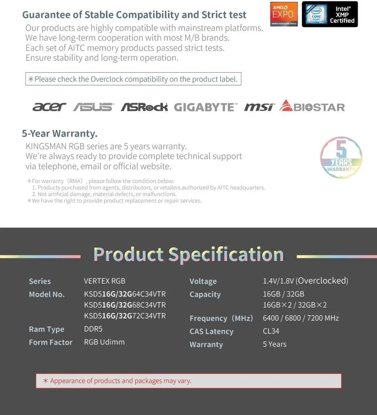 Alt view image 5 of 5 - AITC KINGSMAN VERTEX RGB Series DDR5 32GB (2 x 16GB) 288-Pin PC RAM 6000 (PC5 48000) Desktop Memory Model XMP-BLACK