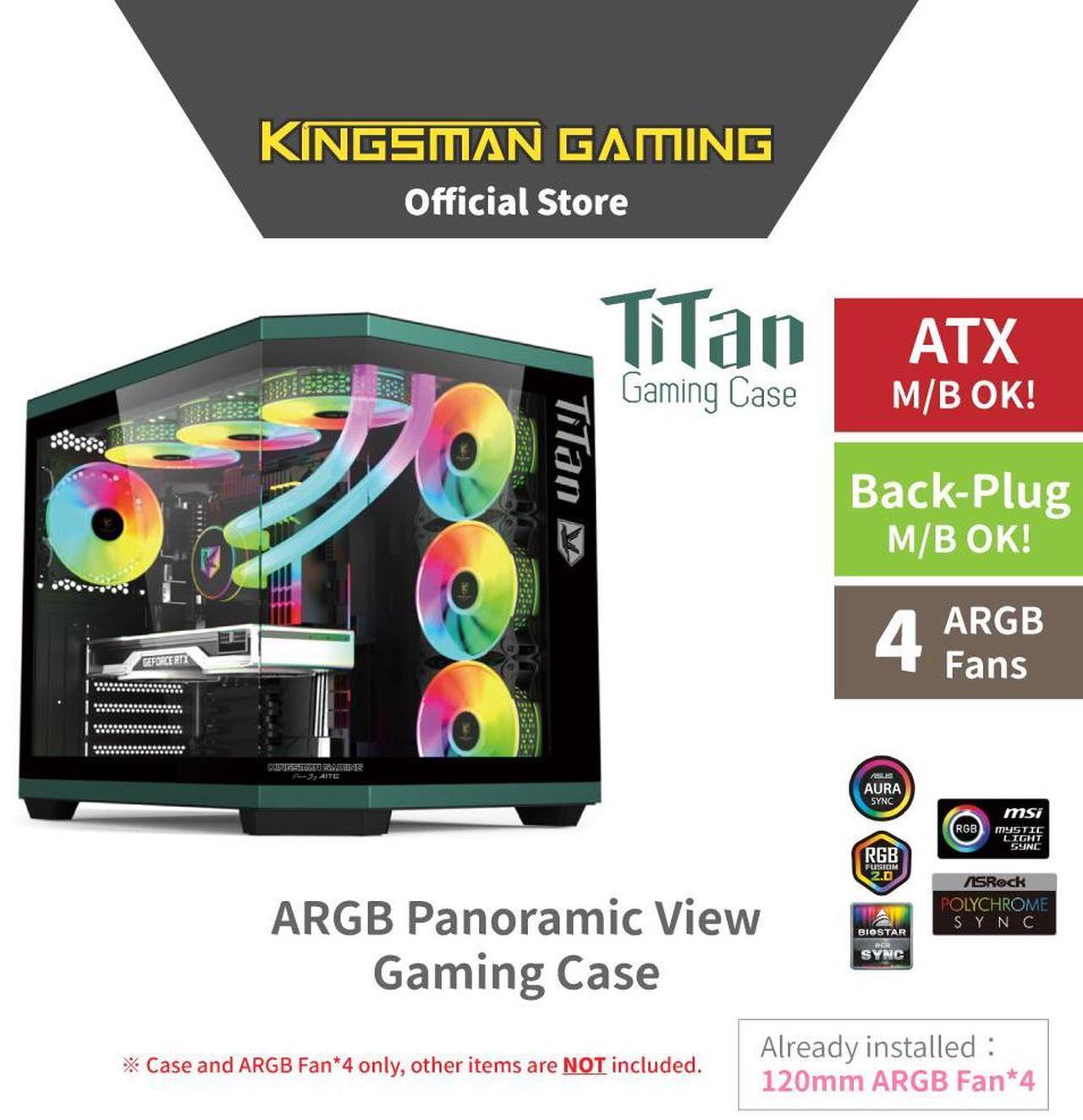 Alt view image 2 of 7 - KINGSMAN TiTan Modern Aesthetics Dual-Cavity Panoramic Tempered Glass Mid-Tower ATX Computer Gaming Case, Pre-installed 4 ARGB Fans / Type-C USB3.0-BLACK