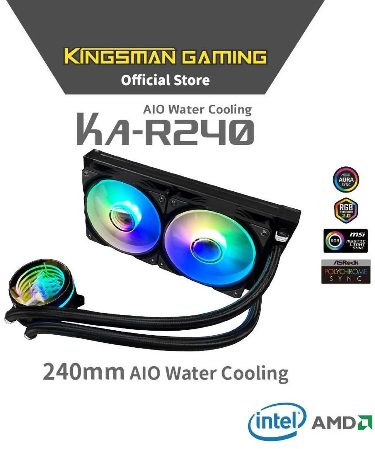 Alt view image 2 of 7 - KINGSMAN KA-R240 ARGB All-In-One CPU Water Cooling Radiator, 240mm Radiator, PWM, ARGB Fan, compatible with Intel LGA1700 and AMD AM5-BLACK