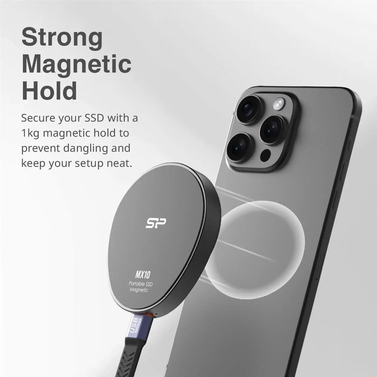 Alt view image 2 of 6 - Silicon Power 1TB Built-in Magnetic Portable SSD MX10 Gen 2 USB-C (Black)