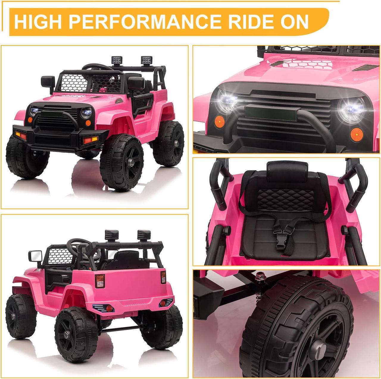 Alt view image 2 of 7 - QXDRAGON Kids 12V Ride on Truck, Battery Powered Toy Car with Spring Suspension, Remote Control, 3 Speeds, LED Lights, Pink
