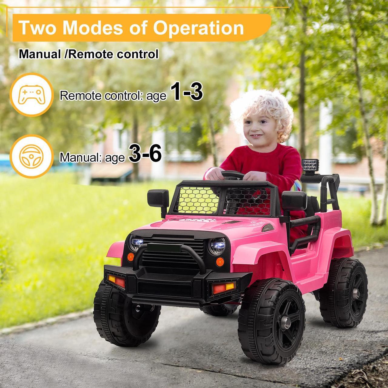 Alt view image 3 of 7 - QXDRAGON Kids 12V Ride on Truck, Battery Powered Toy Car with Spring Suspension, Remote Control, 3 Speeds, LED Lights, Pink