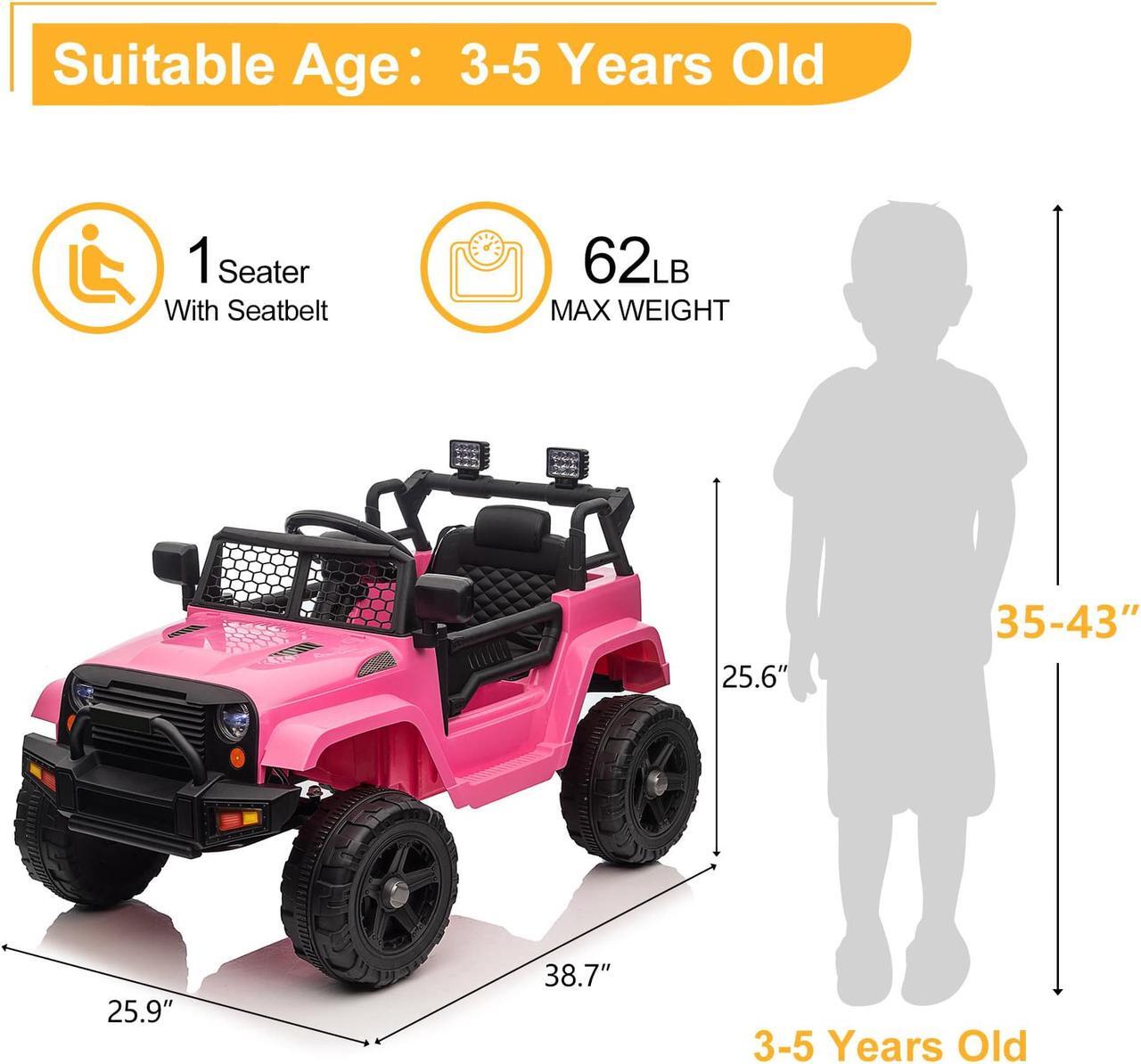 Alt view image 7 of 7 - QXDRAGON Kids 12V Ride on Truck, Battery Powered Toy Car with Spring Suspension, Remote Control, 3 Speeds, LED Lights, Pink